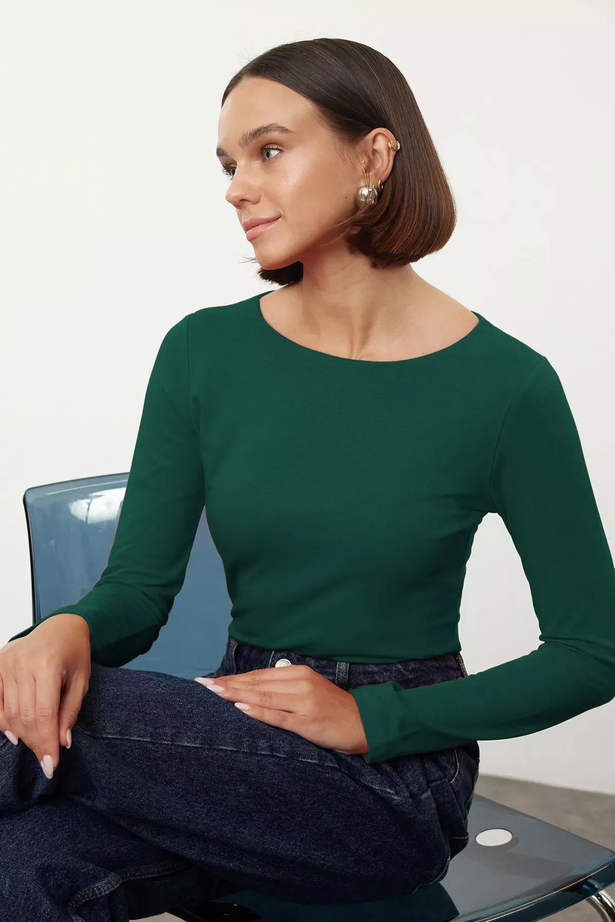 بلوزة بفتحة رقبة مفتوحة للأكتاف، أخضر, Emerald, large image number 1