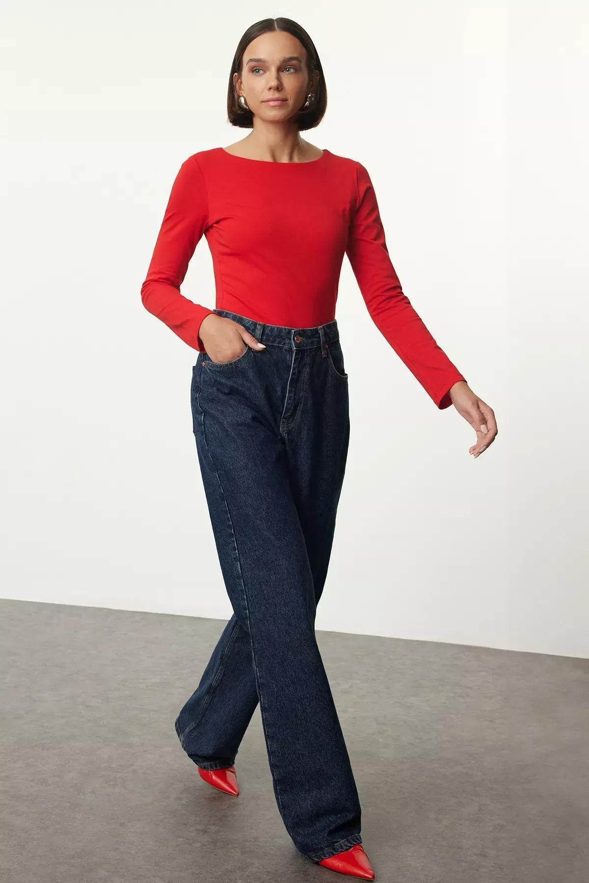 Red Boat Neck Knit Blouse, Red, large image number 0