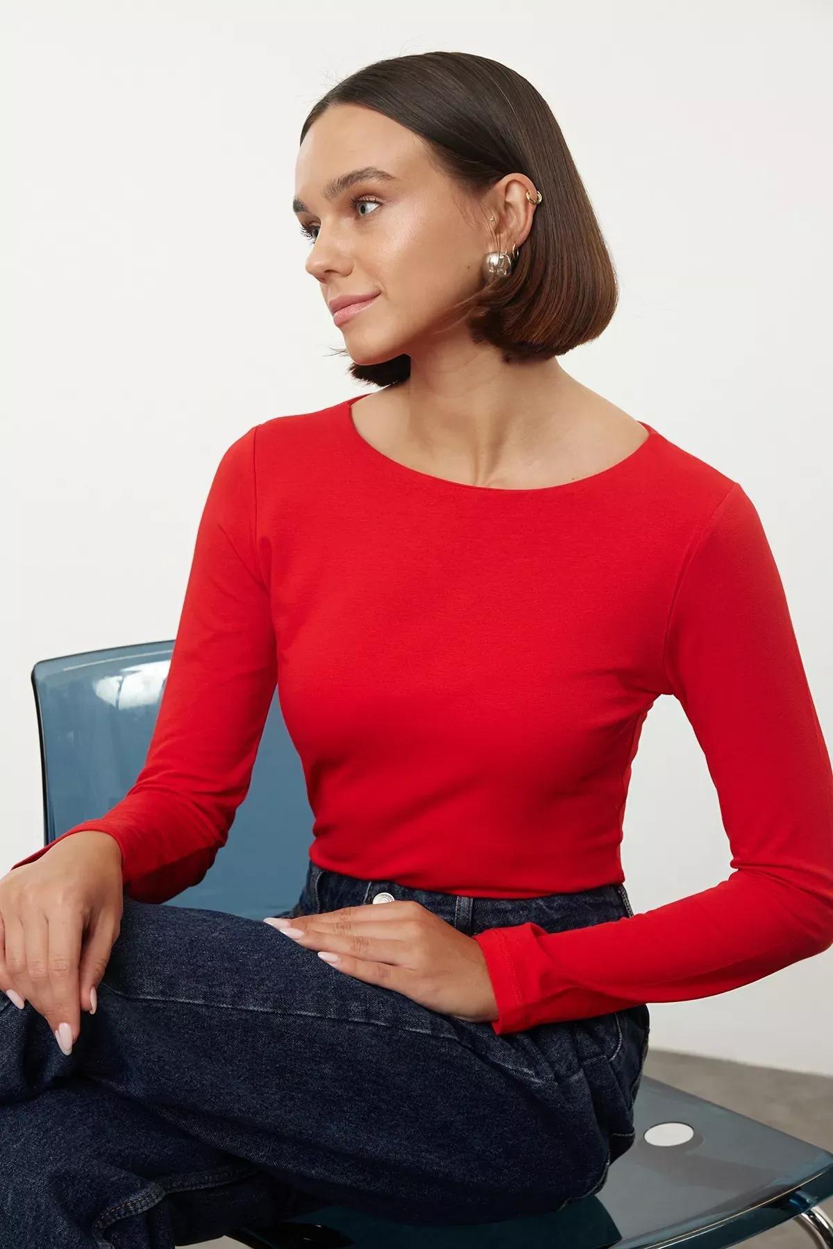 Red Boat Neck Knit Blouse, Red, large image number 1