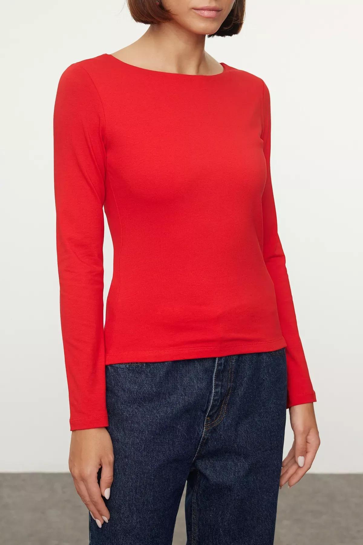 Red Boat Neck Knit Blouse, Red, large image number 2