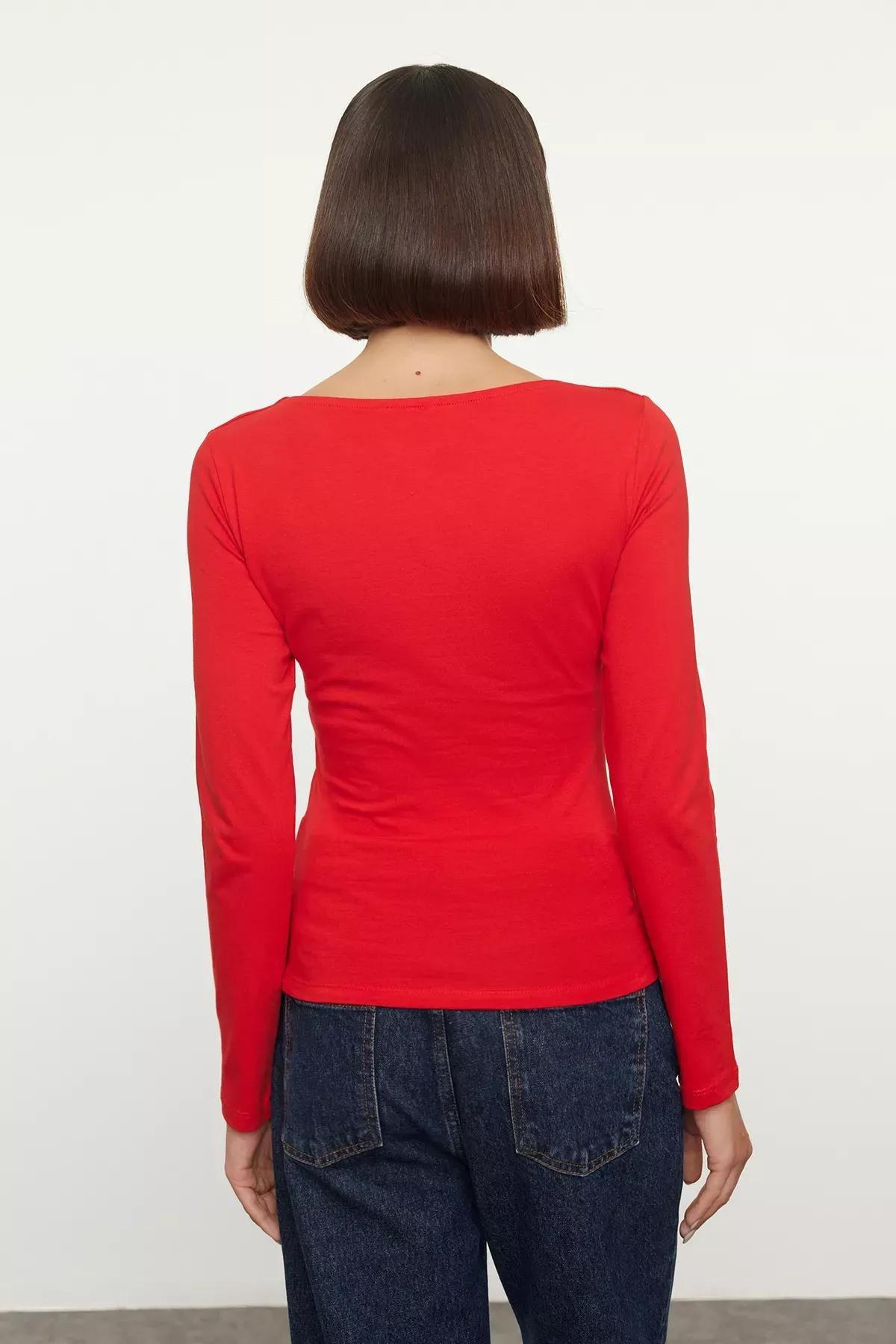 Red Boat Neck Knit Blouse, Red, large image number 4