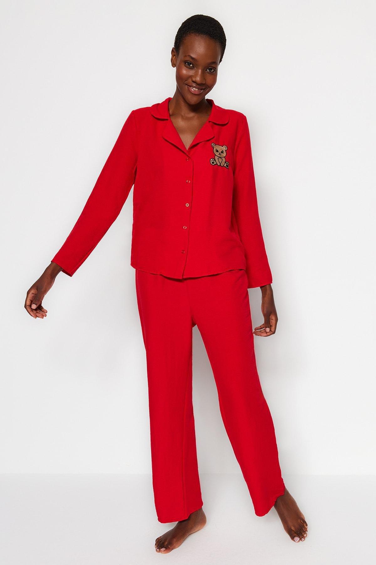 Trendyol - Red Embroidery Satin Pyjamas Set