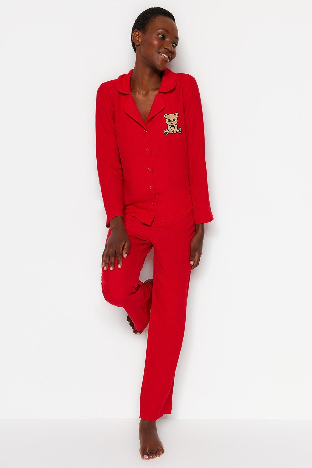 Trendyol - Red Embroidery Satin Pyjamas Set