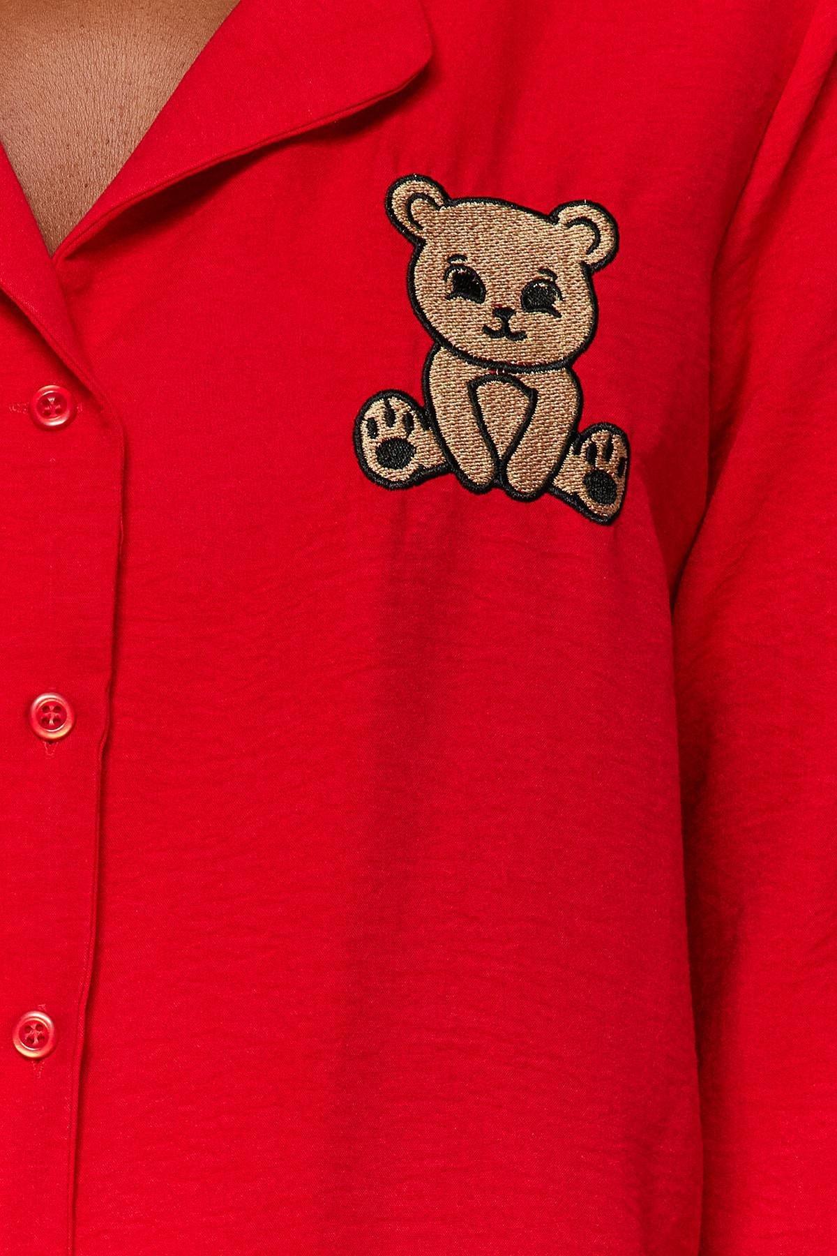 Trendyol - Red Embroidery Satin Pyjamas Set