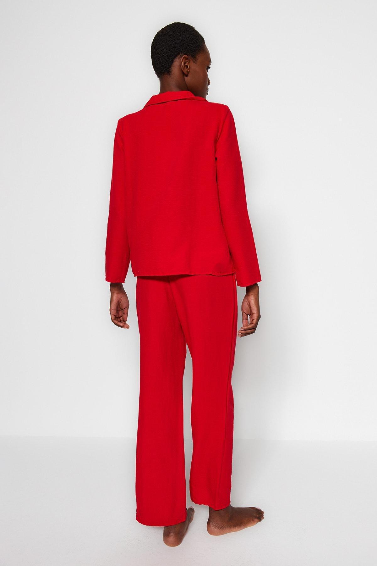 Trendyol - Red Embroidery Satin Pyjamas Set
