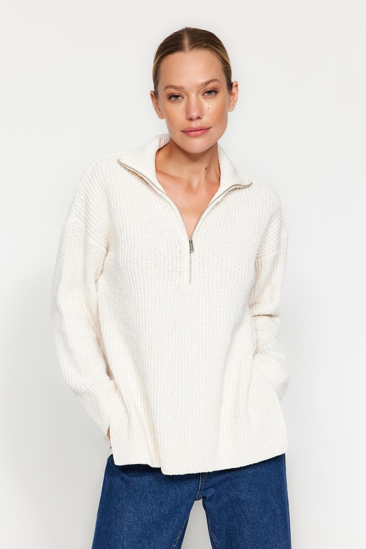 Cream Oversize Knitwear Sweater, , large image number 1