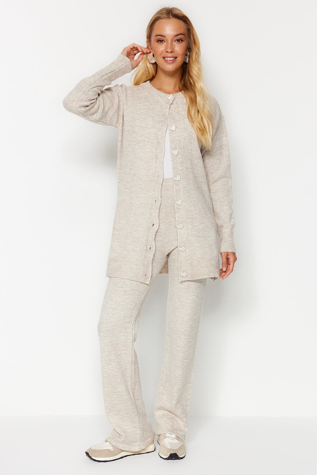 Beige Pearl Buttons Knitwear Co-Ord Set, , large image number 0