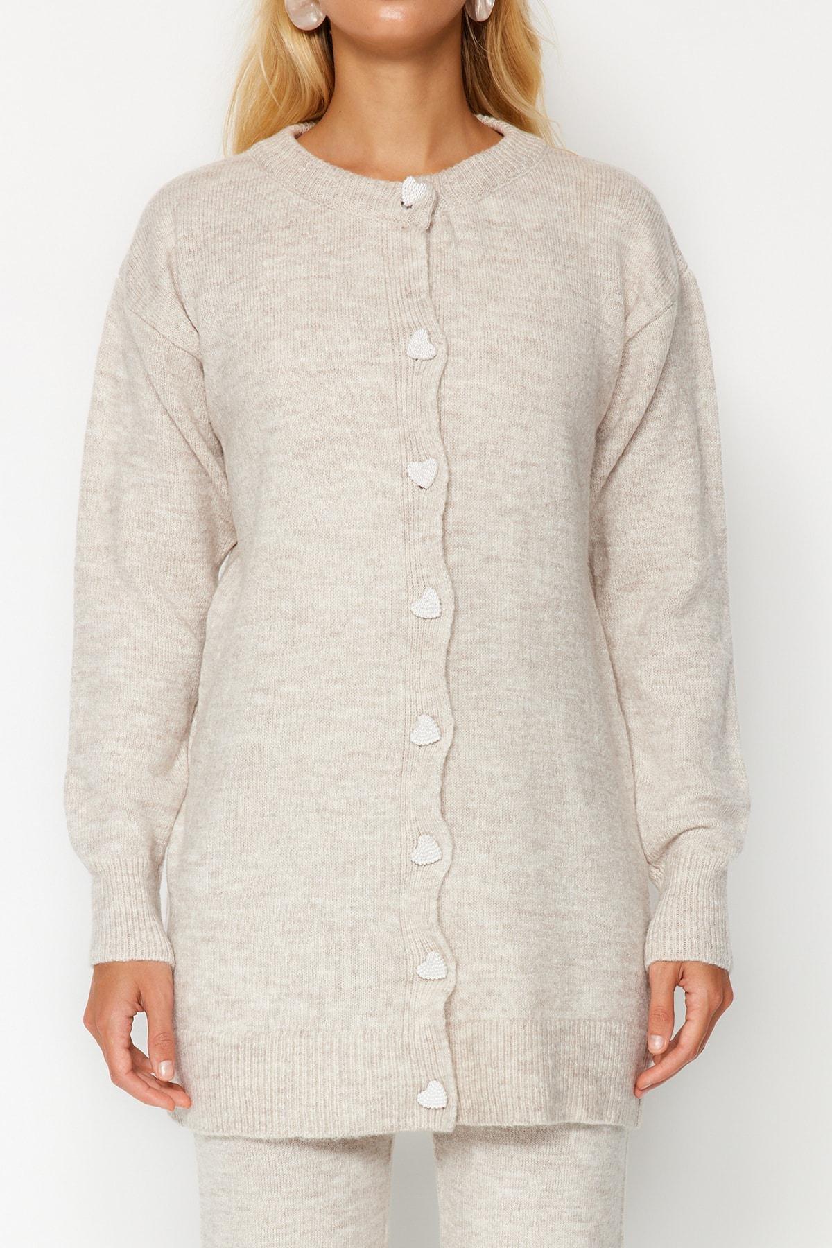 Beige Pearl Buttons Knitwear Co-Ord Set, , large image number 1