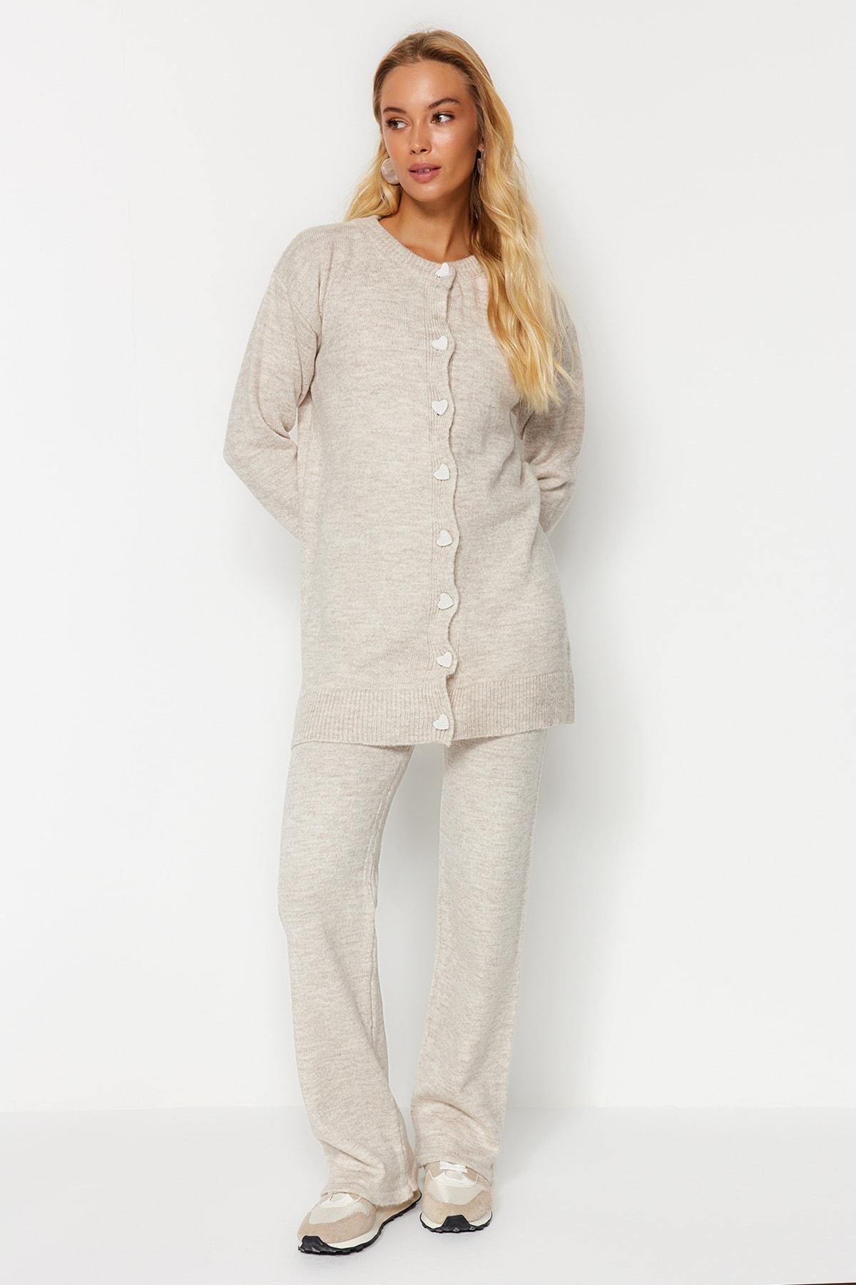Beige Pearl Buttons Knitwear Co-Ord Set, , large image number 3