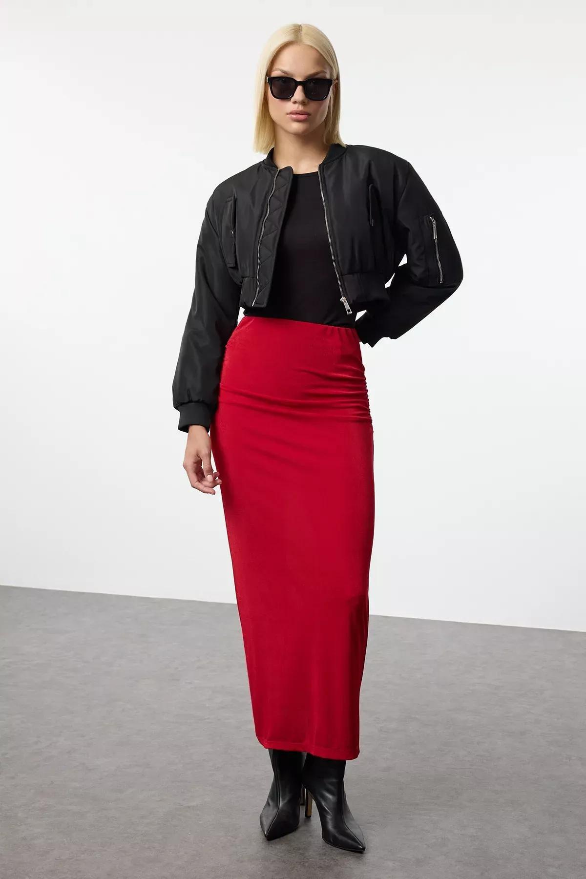 Red Draped Maxi Knit Skirt, , large image number 0