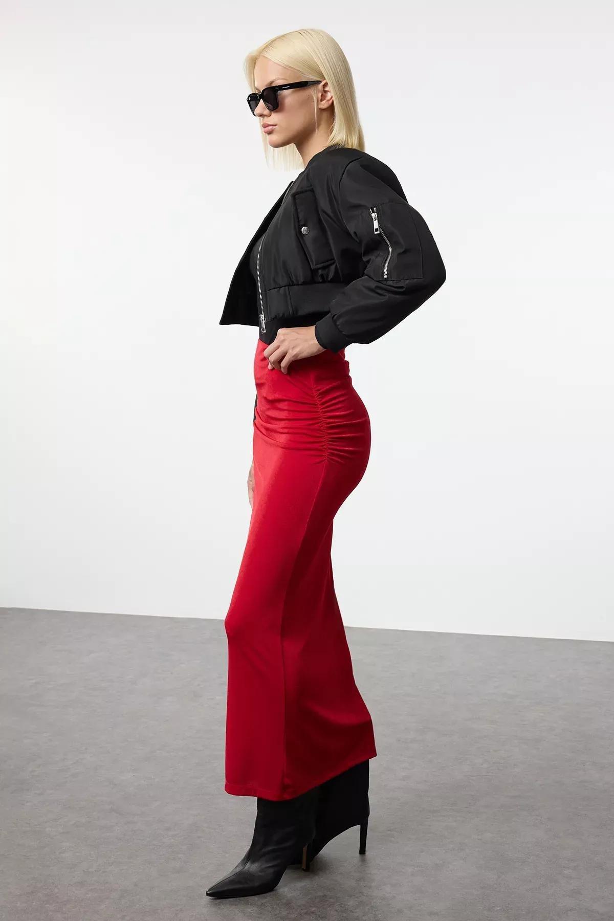 Red Draped Maxi Knit Skirt, , large image number 1