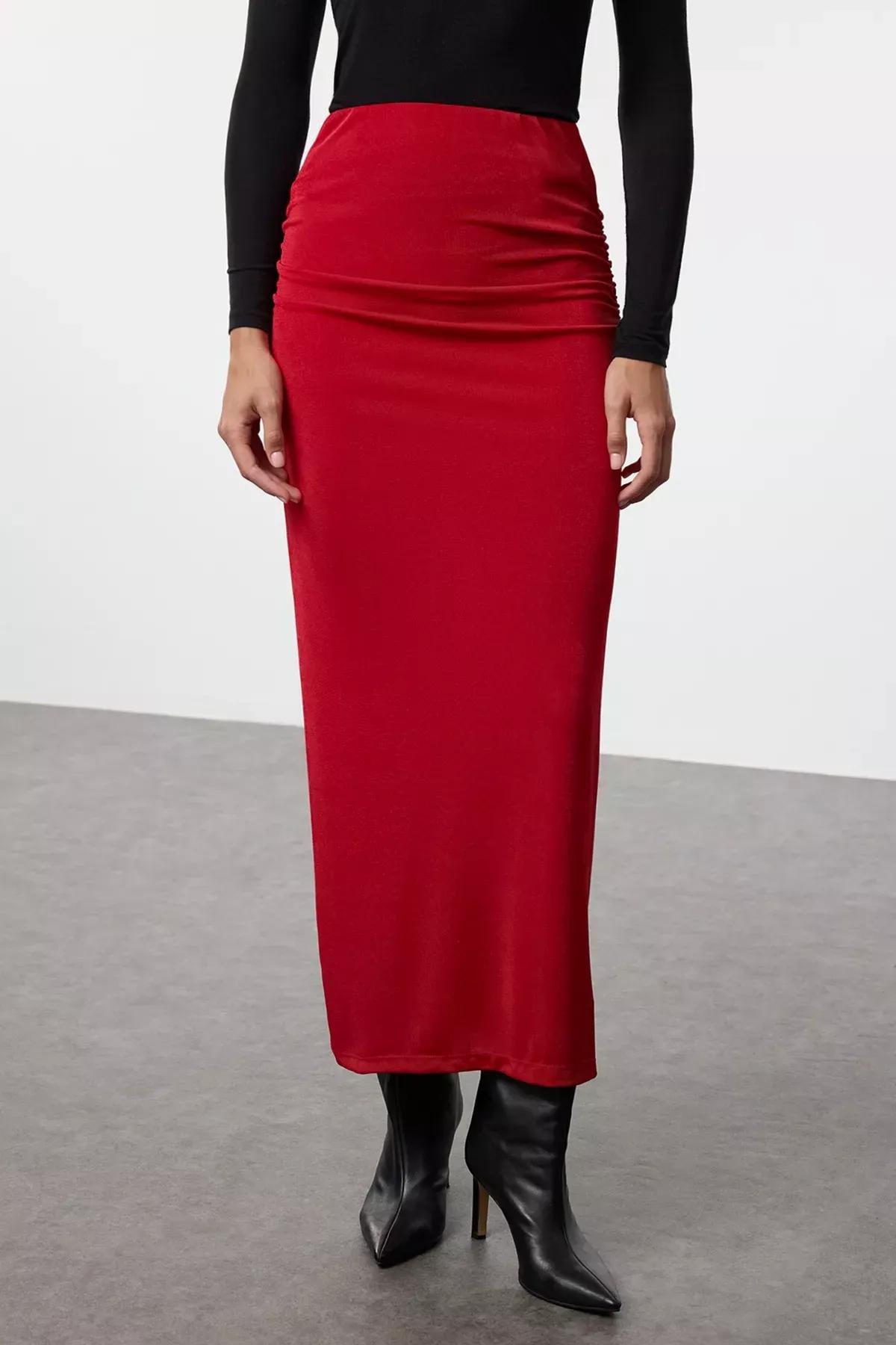 Red Draped Maxi Knit Skirt, , large image number 3
