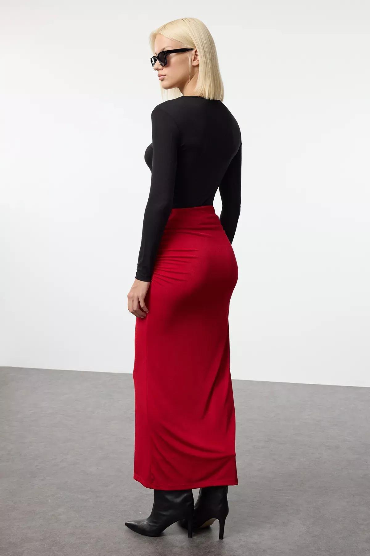 Red Draped Maxi Knit Skirt, , large image number 4