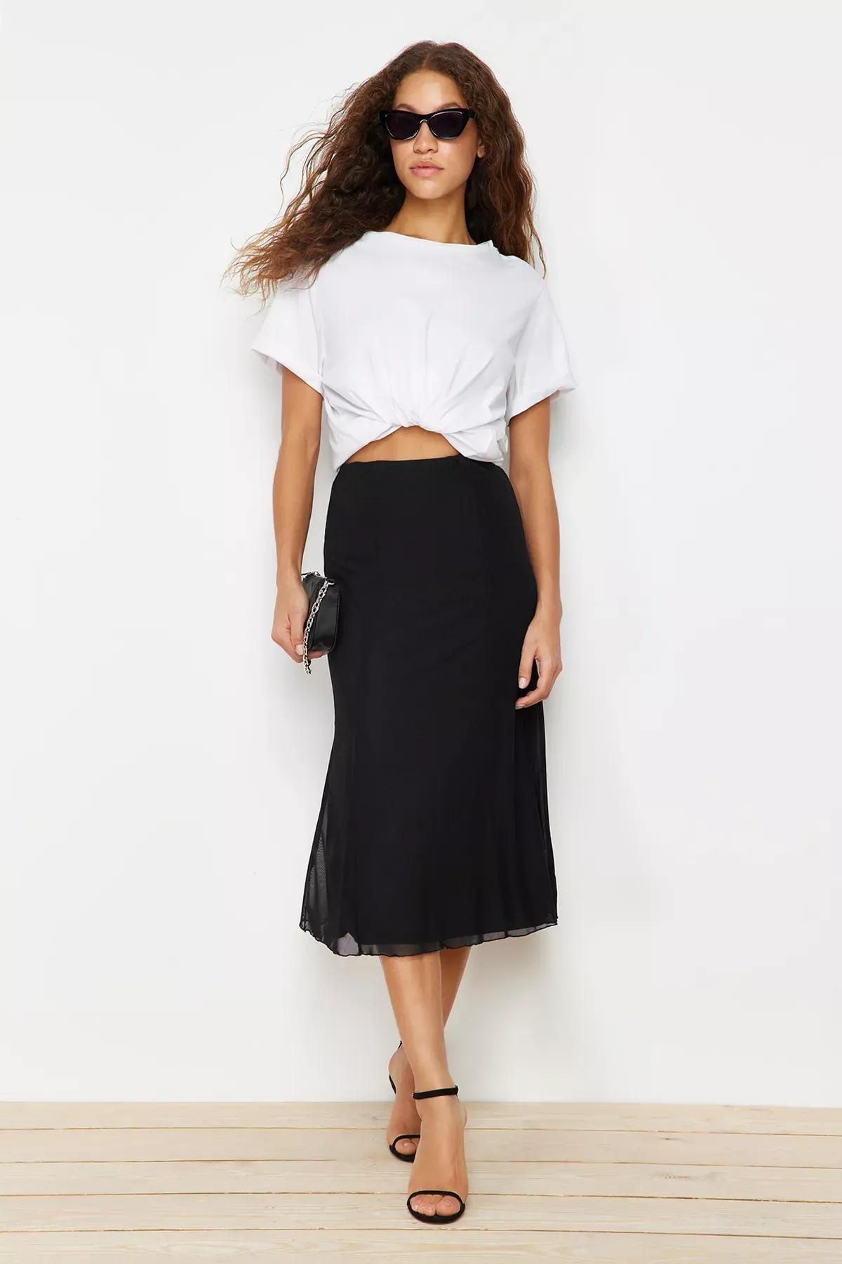 Black Lined Tulle A-Line Knitted Midi Skirt, BLACK, large image number 0