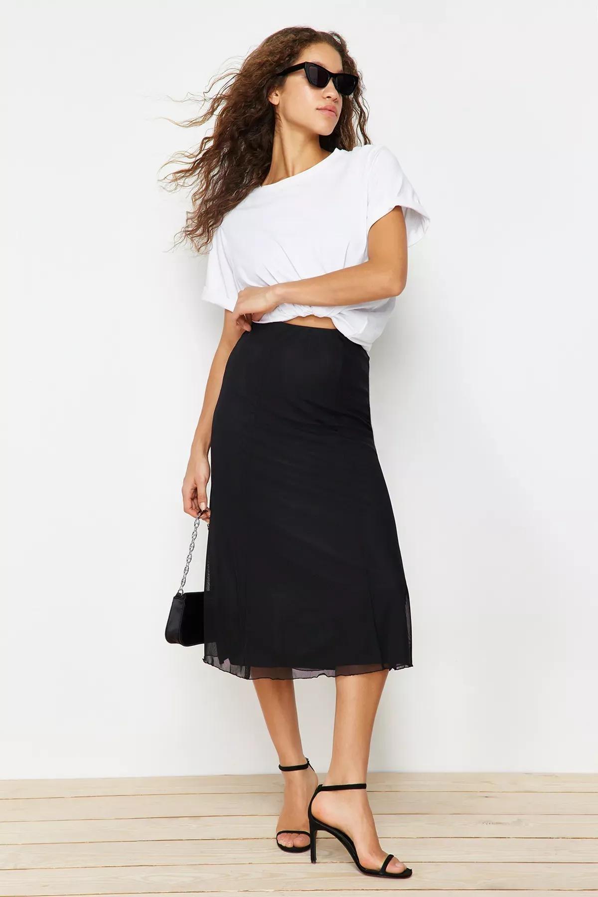 Black Lined Tulle A-Line Knitted Midi Skirt, BLACK, large image number 1