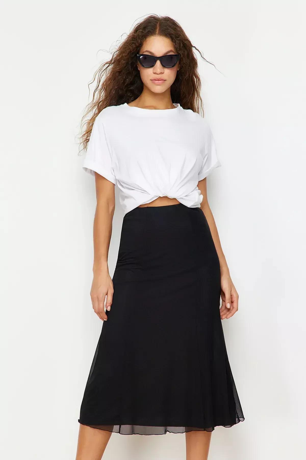 Black Lined Tulle A-Line Knitted Midi Skirt, BLACK, large image number 2
