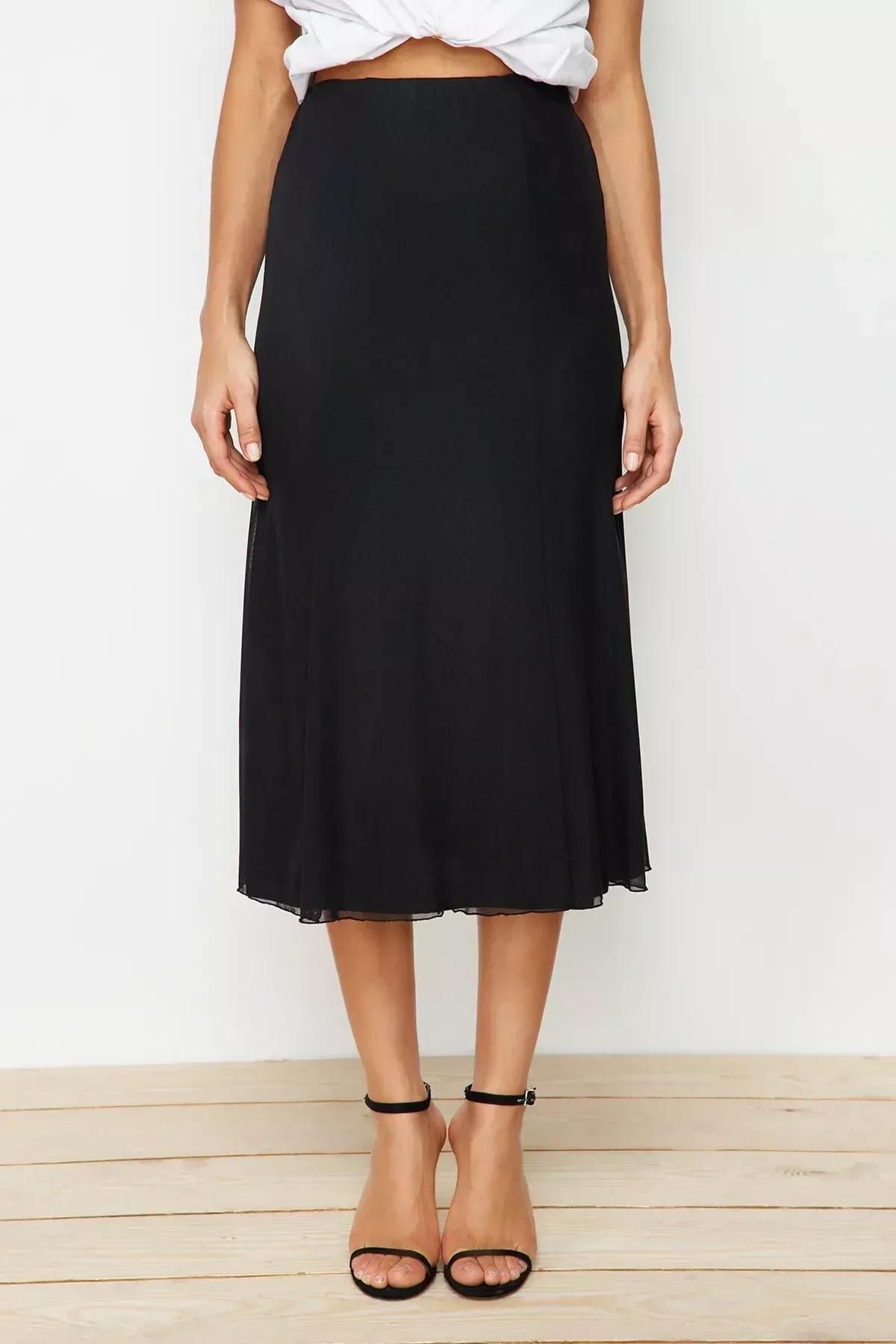 Black Lined Tulle A-Line Knitted Midi Skirt, BLACK, large image number 3