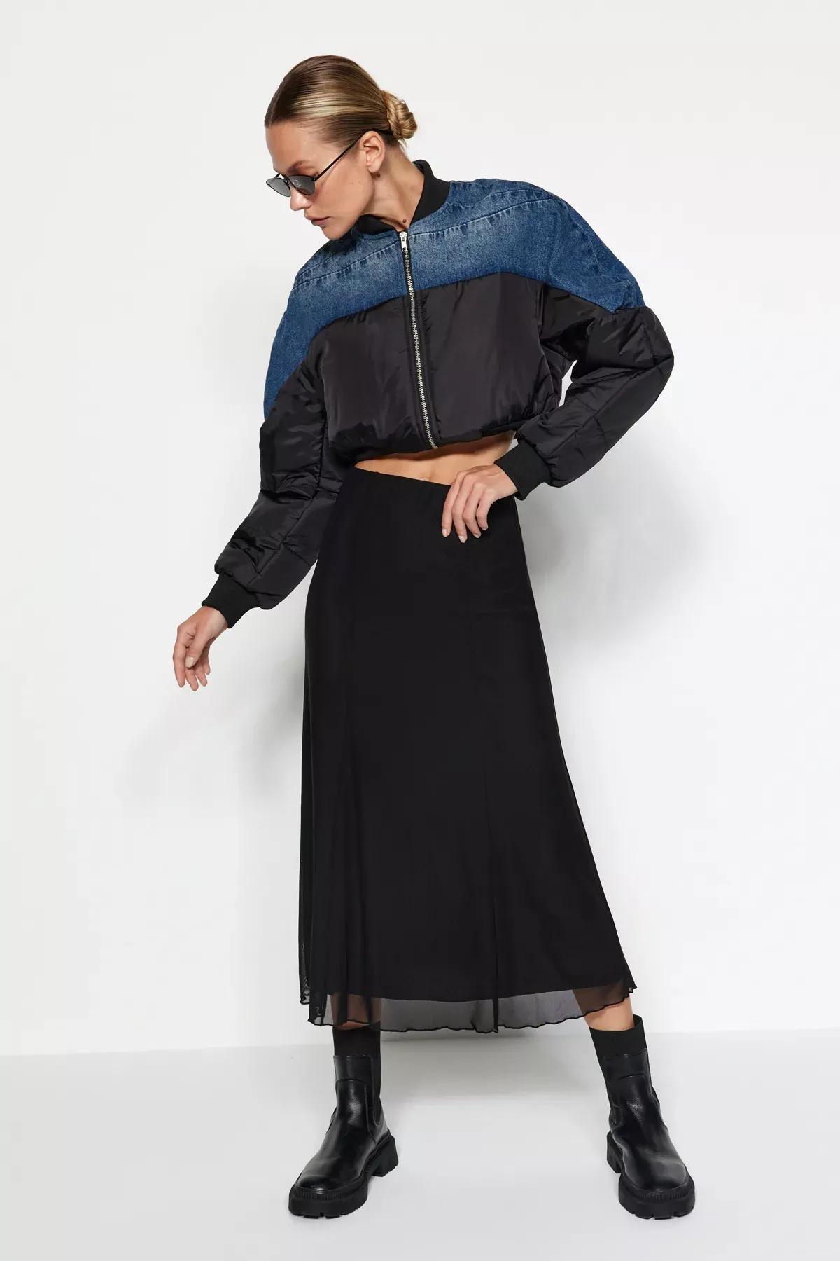 Black Lined Tulle A-Line Knitted Midi Skirt, BLACK, large image number 5