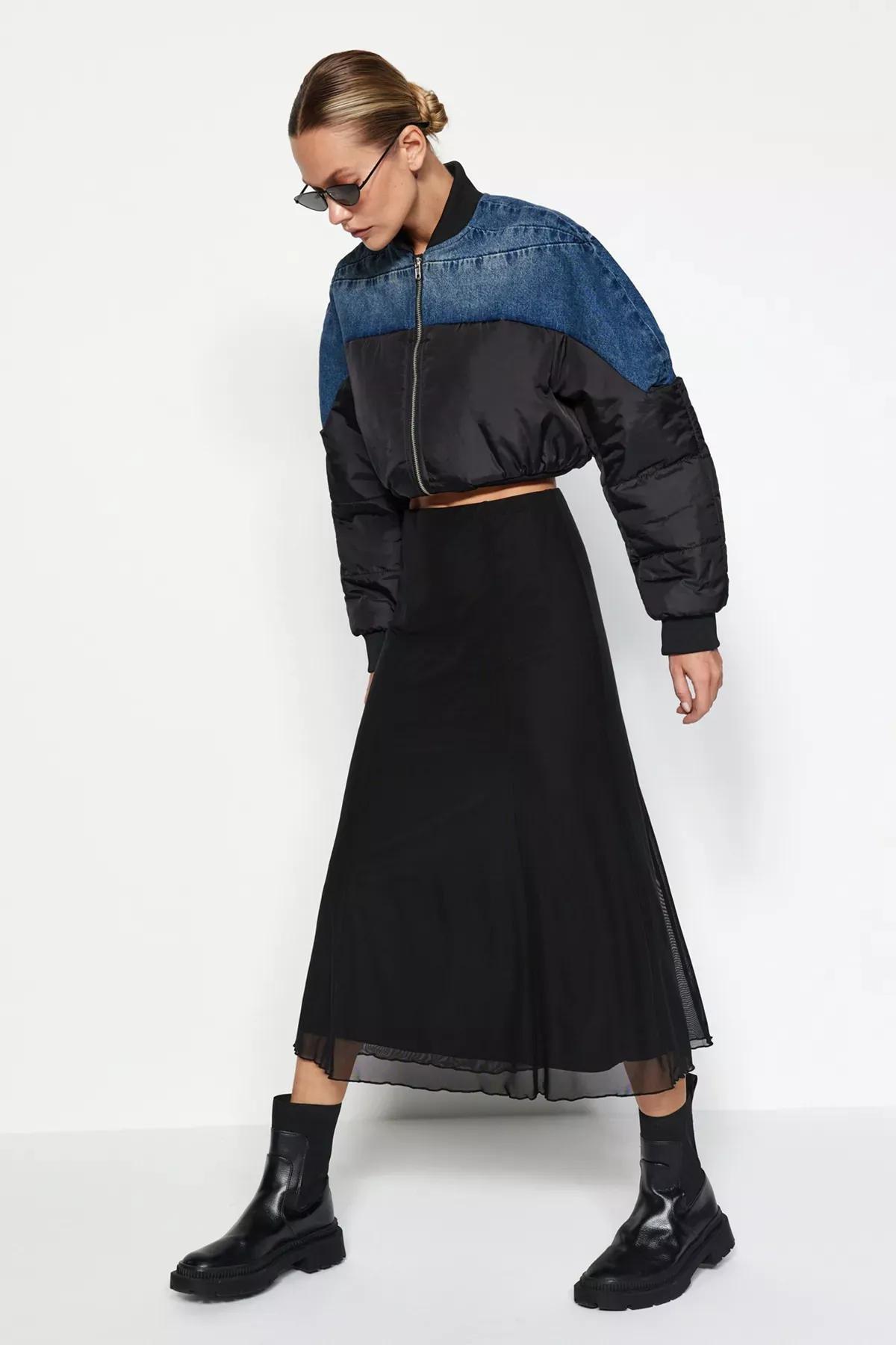Black Lined Tulle A-Line Knitted Midi Skirt, BLACK, large image number 6