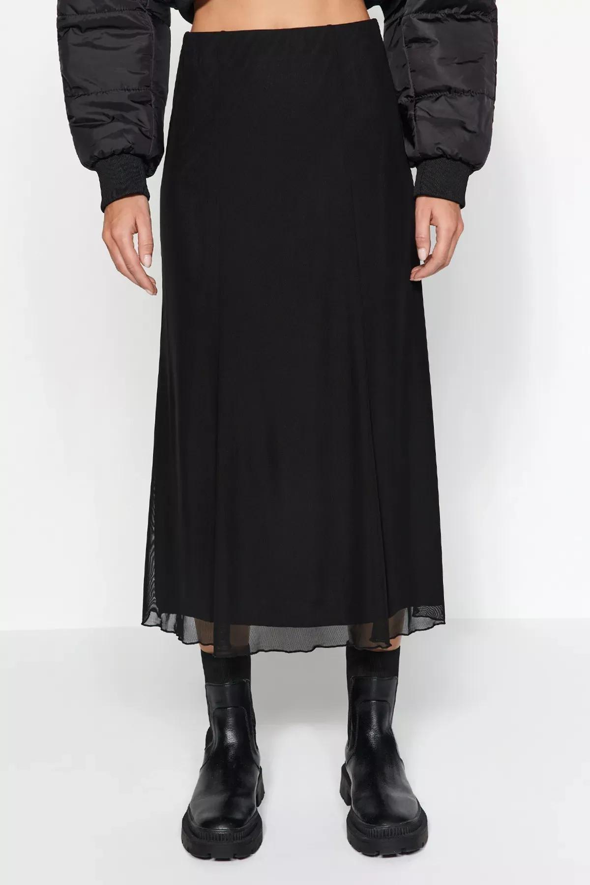 Black Lined Tulle A-Line Knitted Midi Skirt, BLACK, large image number 7