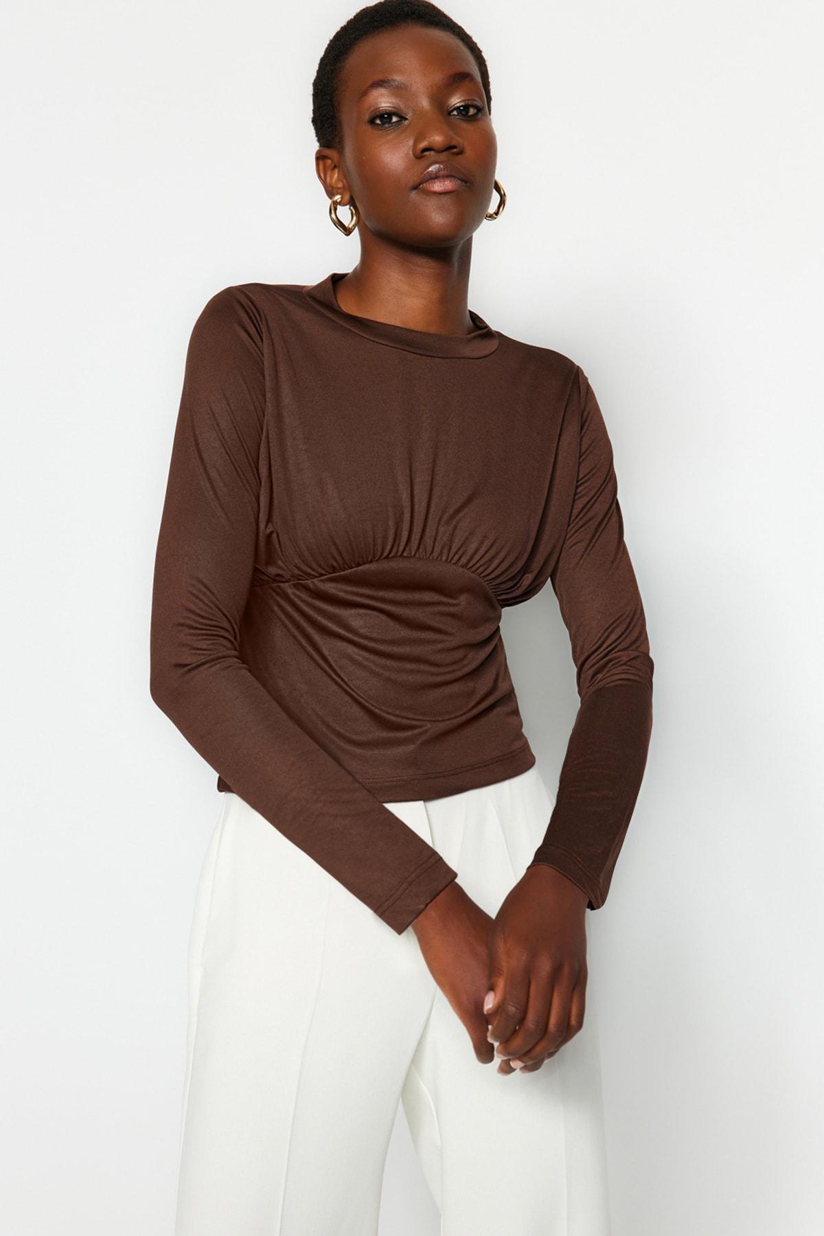 Trendyol - Brown Pleated Stand-Up Collar Knitted Blouse
