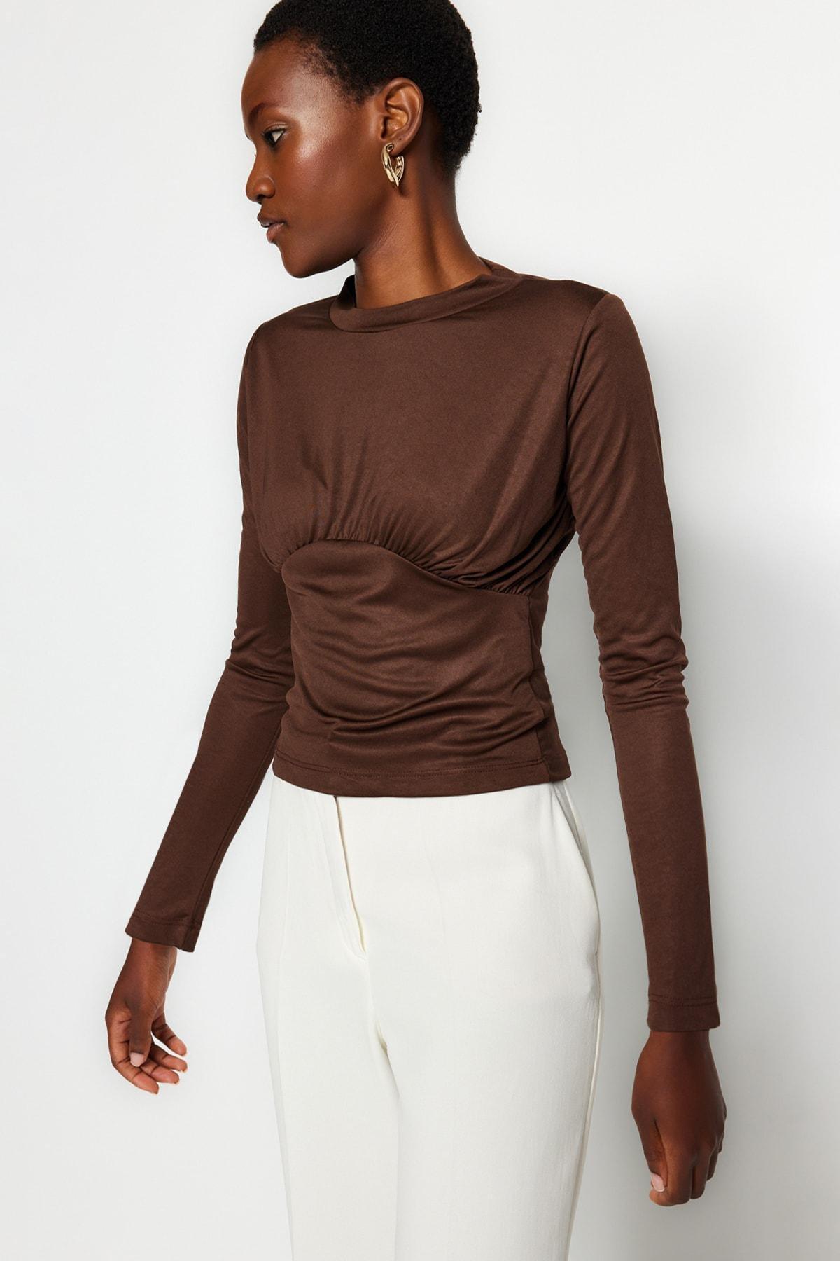 Trendyol - Brown Pleated Stand-Up Collar Knitted Blouse