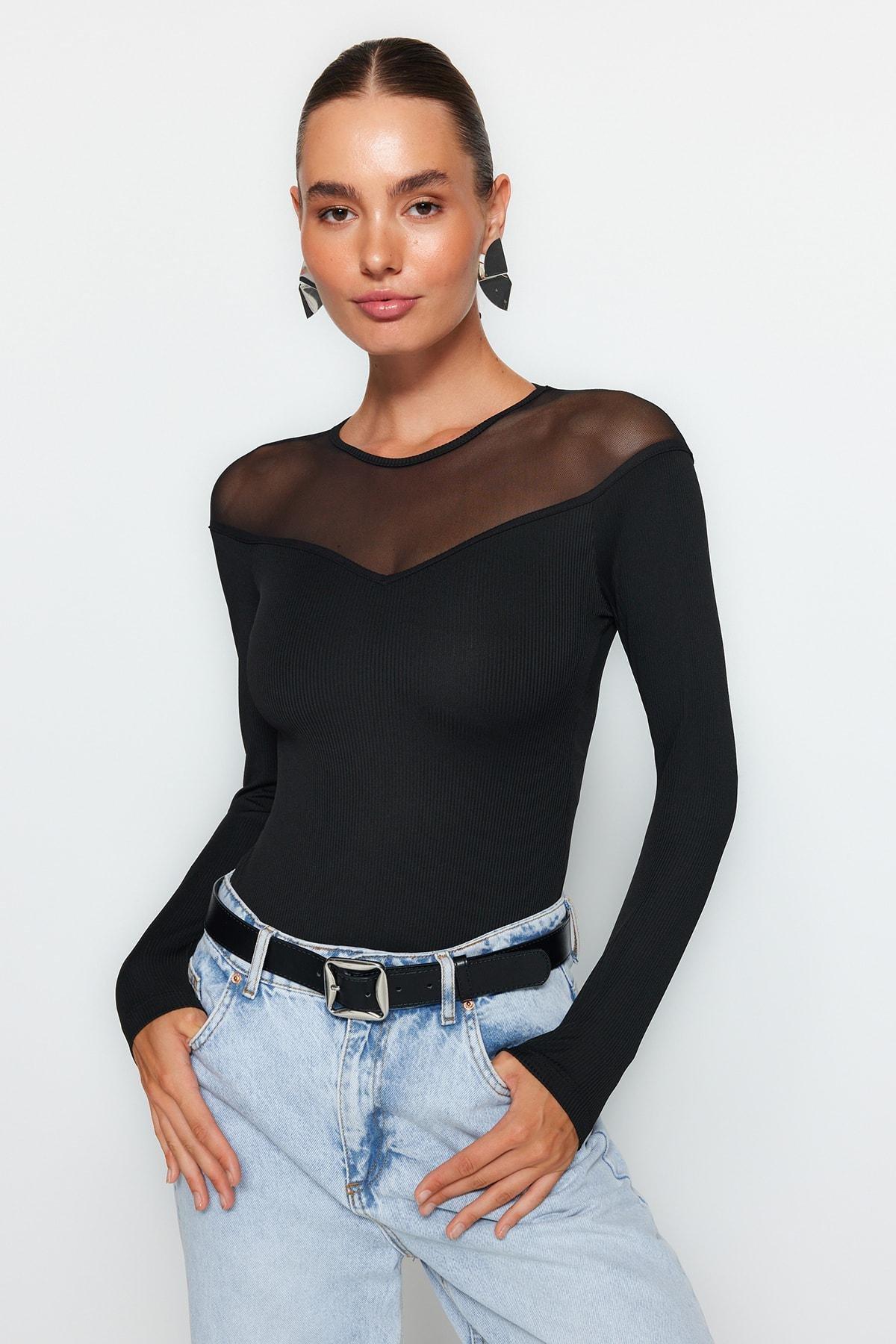 Black Detailed Collared Ribbed Knitted Body, , large image number 0