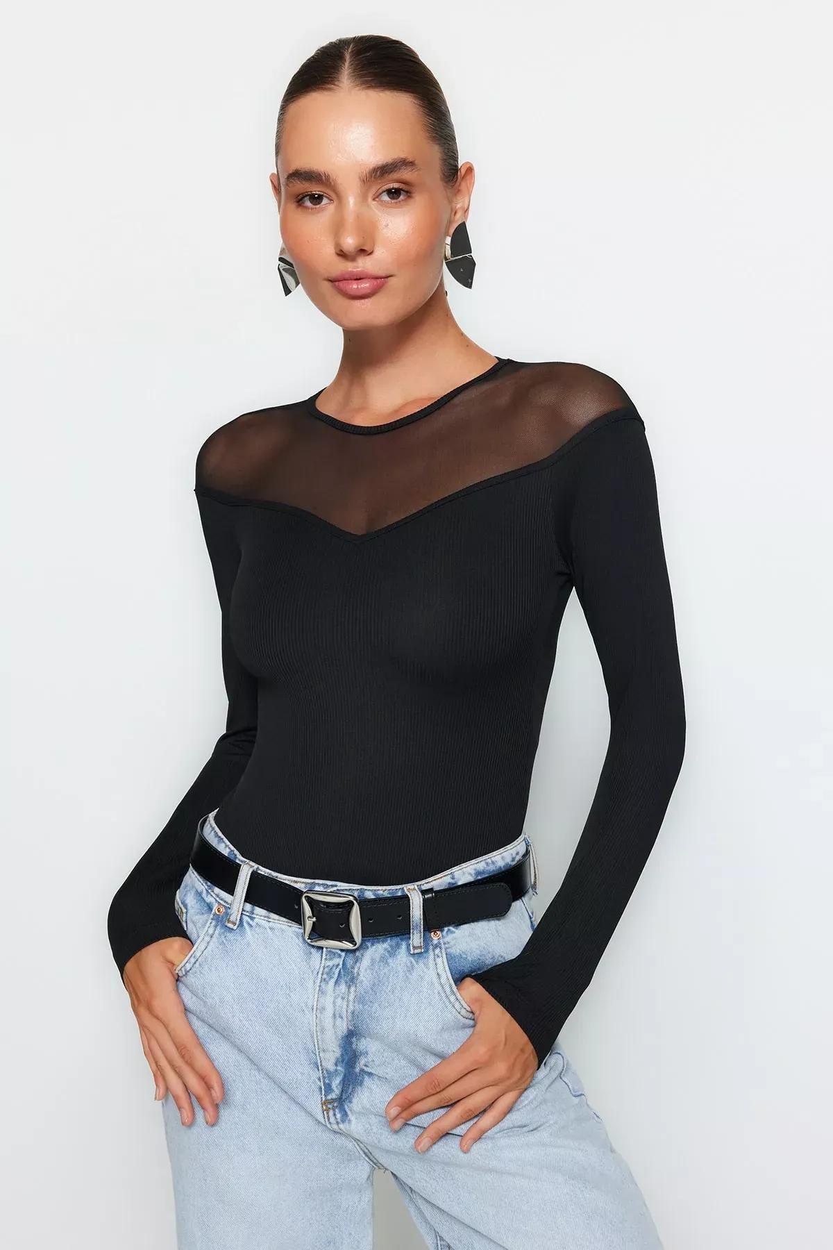 Black Detailed Collared Ribbed Knitted Body, BLACK, large image number 0