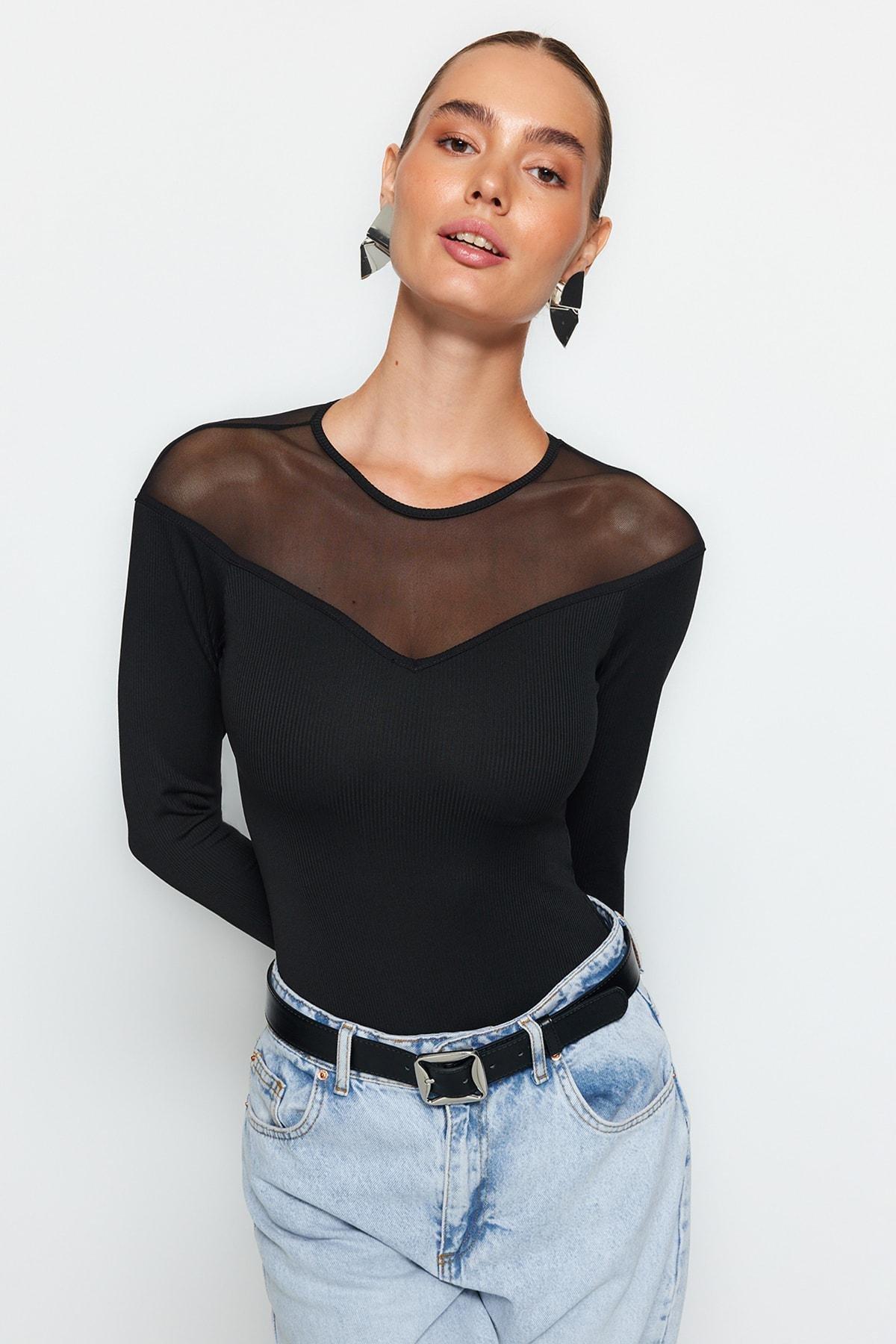 Black Detailed Collared Ribbed Knitted Body, , large image number 1
