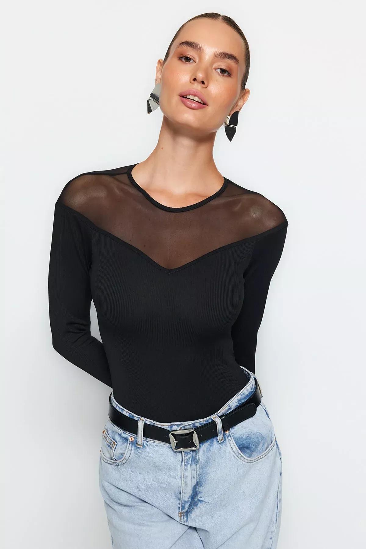Black Detailed Collared Ribbed Knitted Body, BLACK, large image number 1
