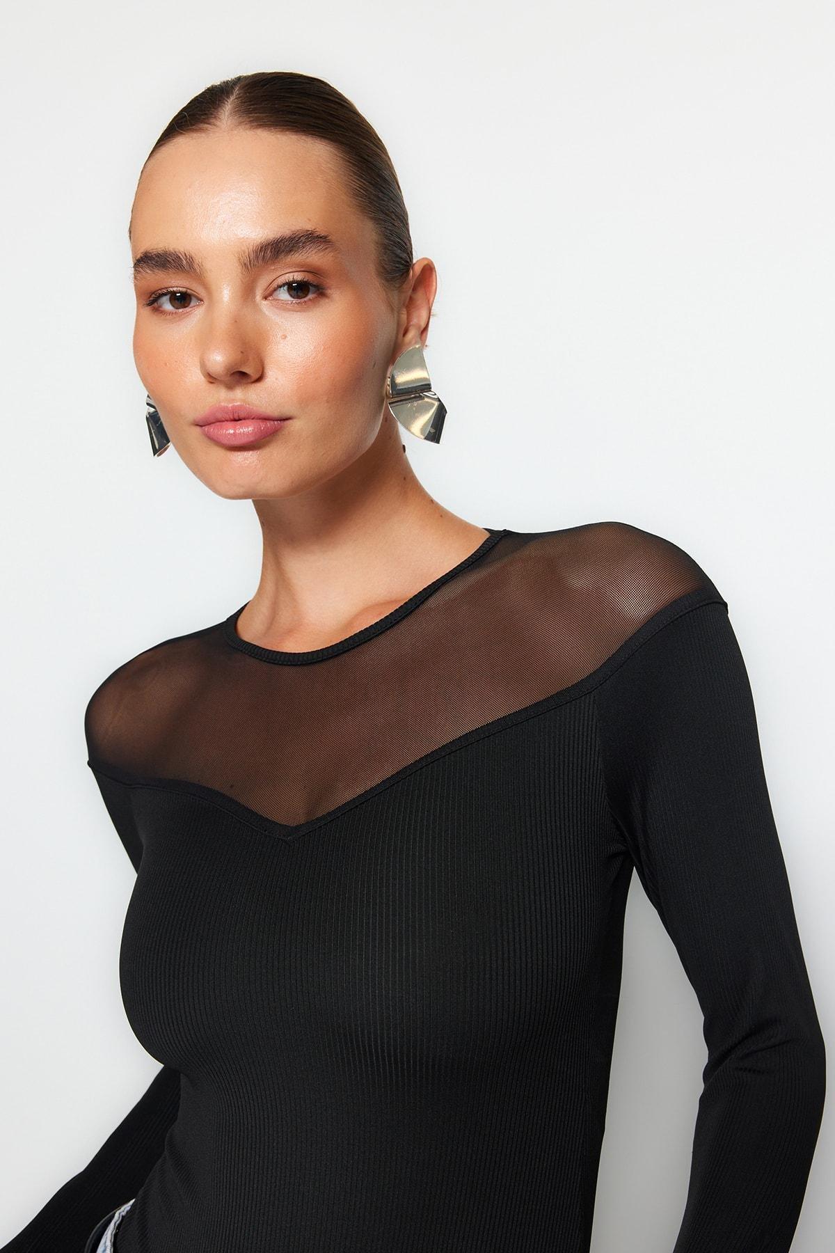 Black Detailed Collared Ribbed Knitted Body, , large image number 2