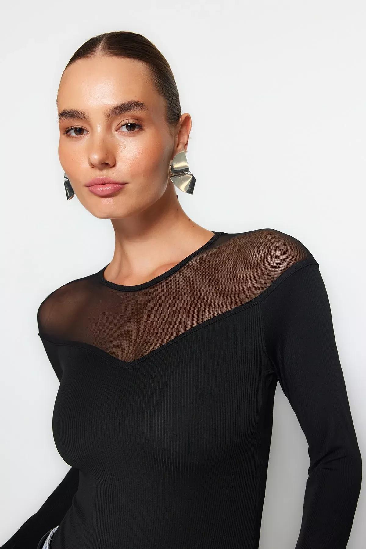 Black Detailed Collared Ribbed Knitted Body, BLACK, large image number 2