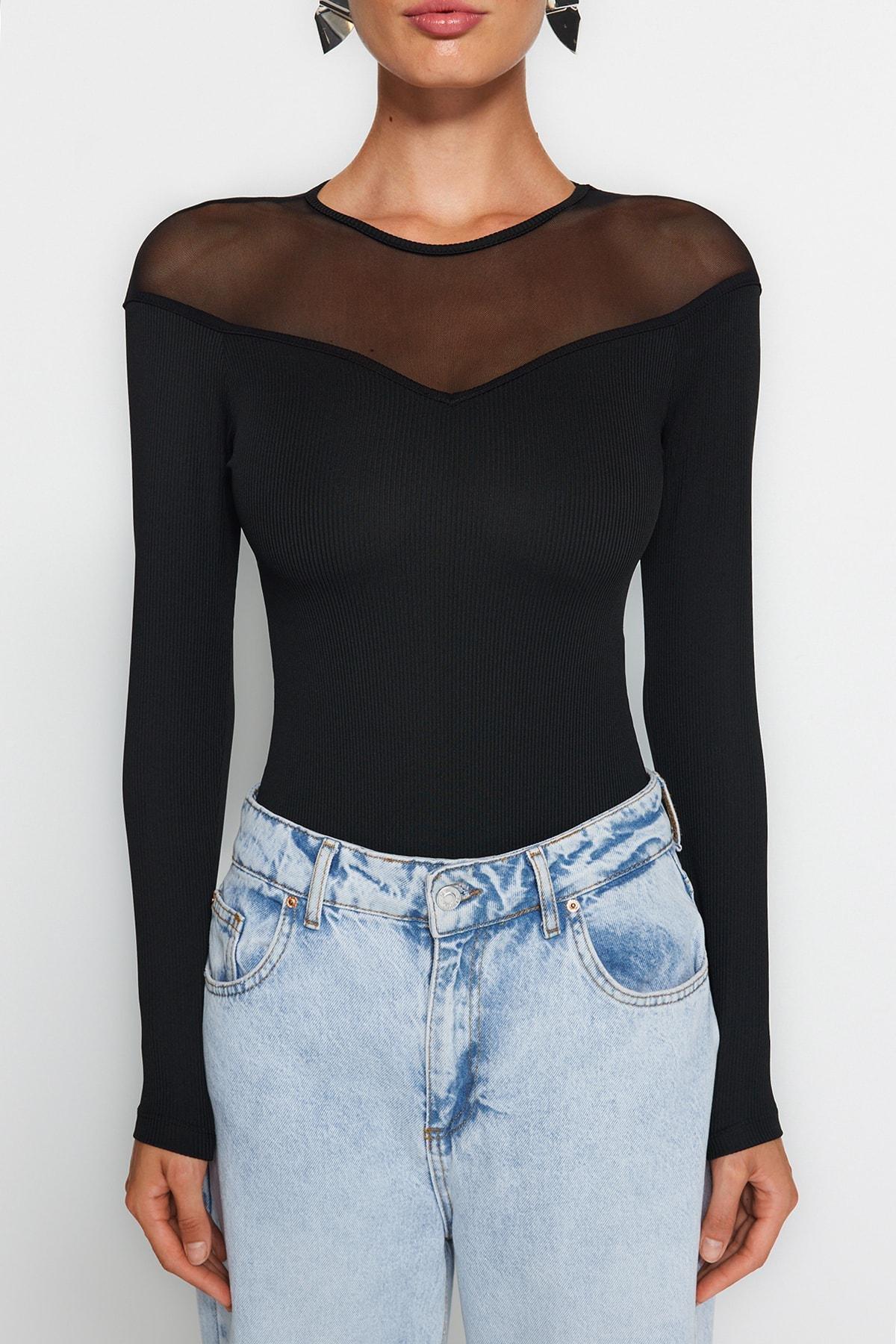 Black Detailed Collared Ribbed Knitted Body, , large image number 3