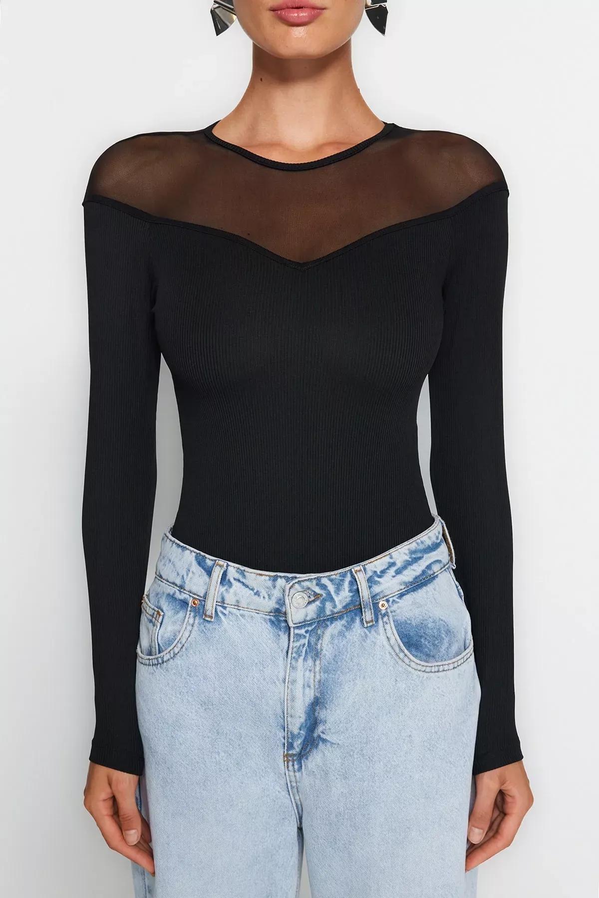 Black Detailed Collared Ribbed Knitted Body, BLACK, large image number 3