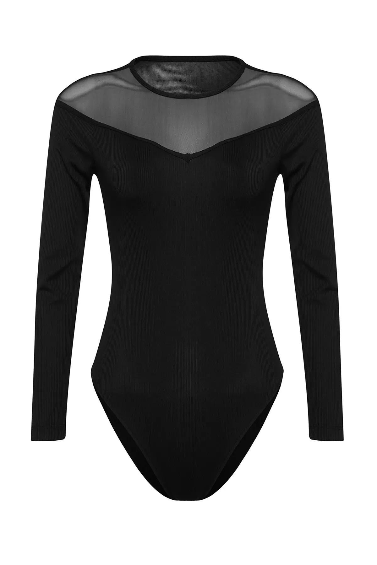 Black Detailed Collared Ribbed Knitted Body, , large image number 4