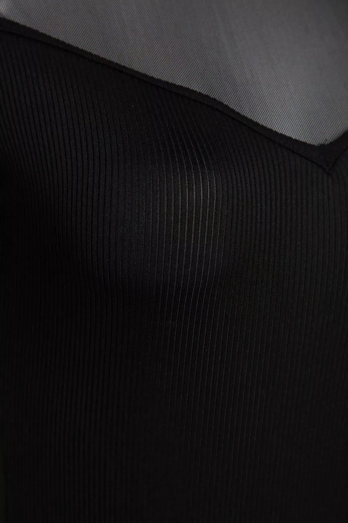 Black Detailed Collared Ribbed Knitted Body, , large image number 5