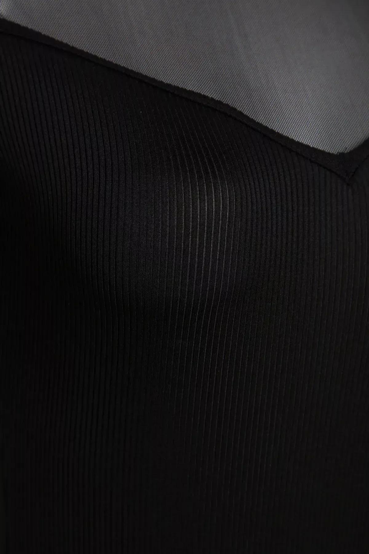 Black Detailed Collared Ribbed Knitted Body, BLACK, large image number 5