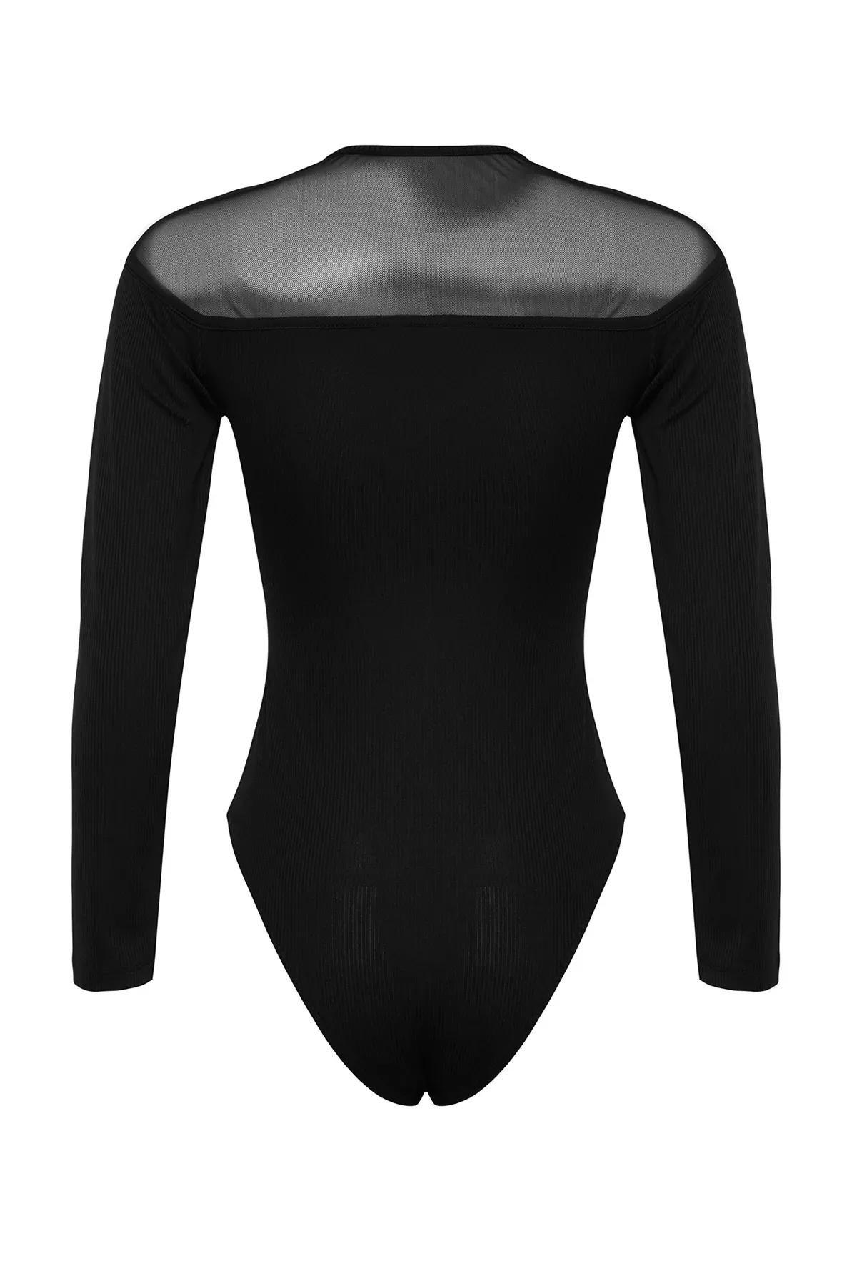 Black Detailed Collared Ribbed Knitted Body, , large image number 6