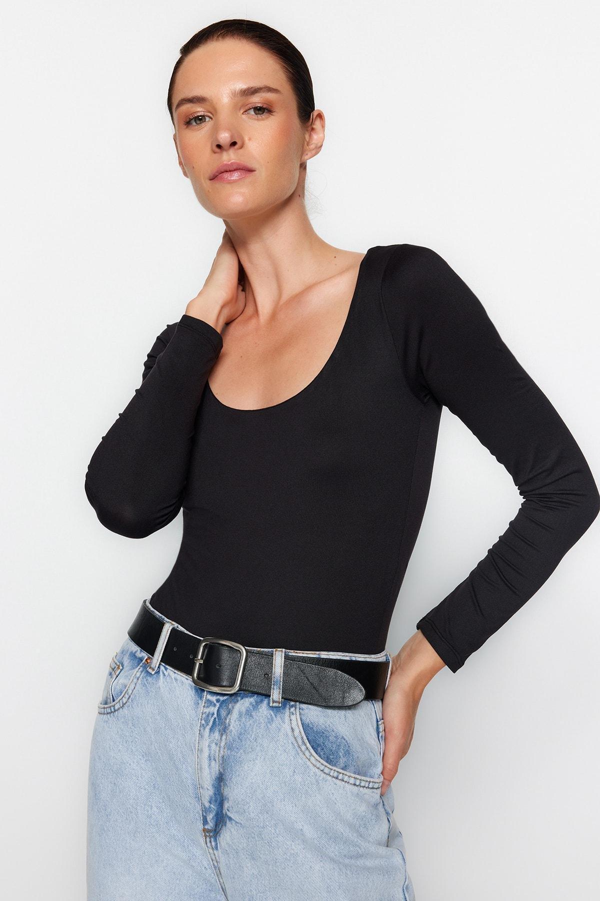 Black Pool Collar Soft Fabric Knitted Bodysuit, , large image number 0