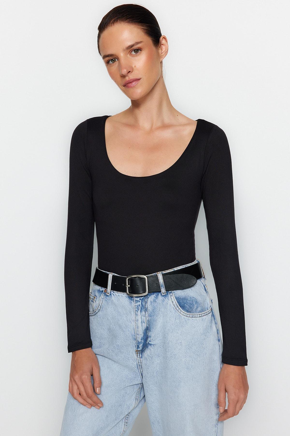 Black Pool Collar Soft Fabric Knitted Bodysuit, , large image number 1