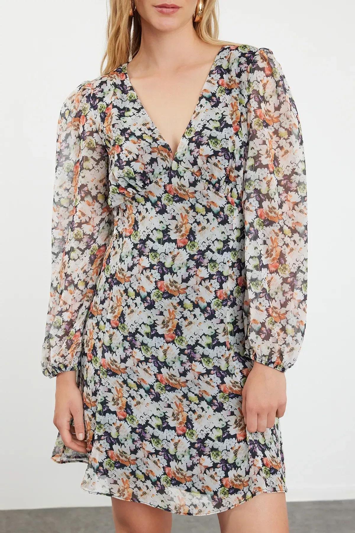 Floral Milkmaid Bohemian Mini Dress, Brown, large image number 2