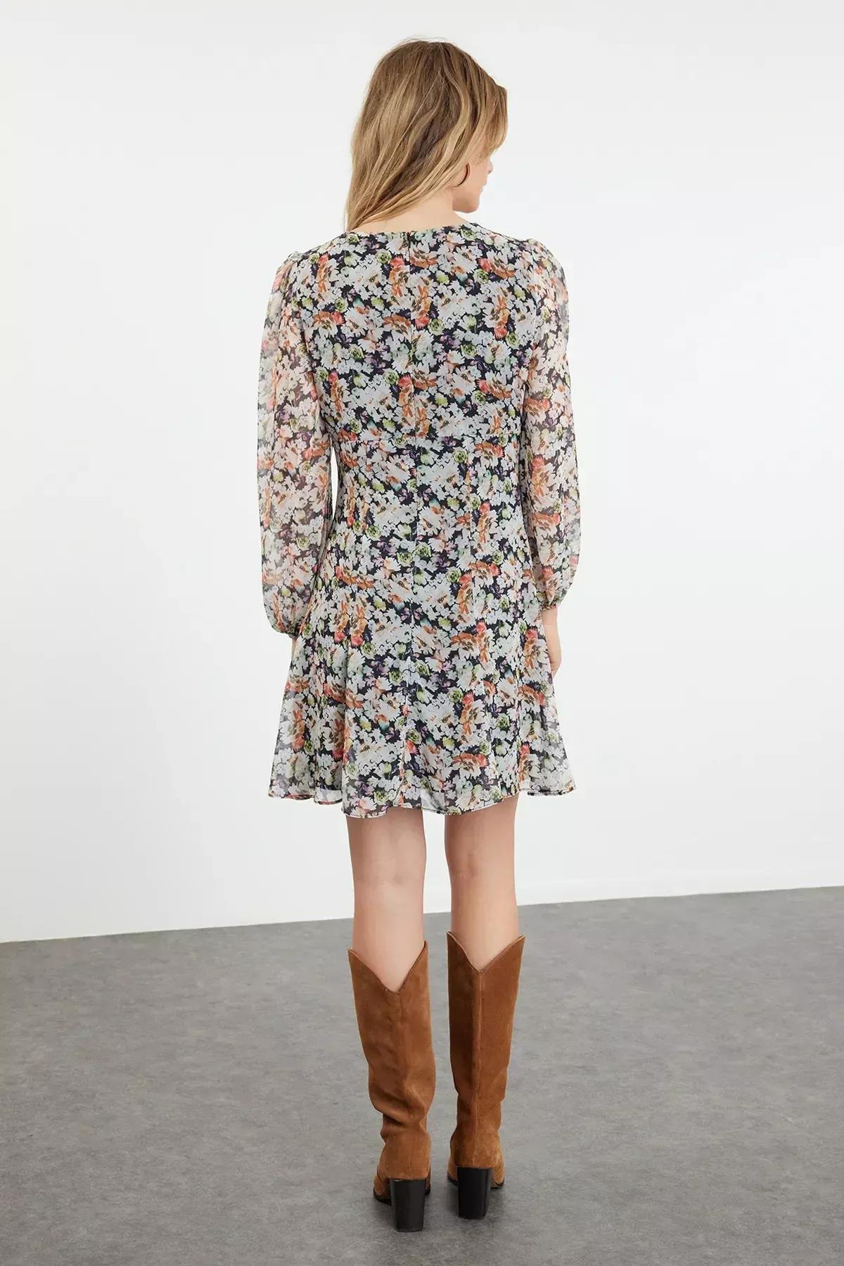 Floral Milkmaid Bohemian Mini Dress, Brown, large image number 4