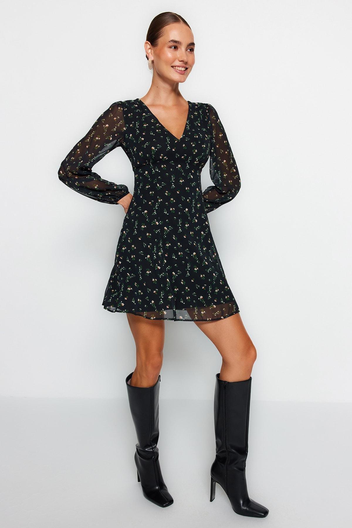 Black Floral Pattern Chiffon Mini Dress, , large image number 0