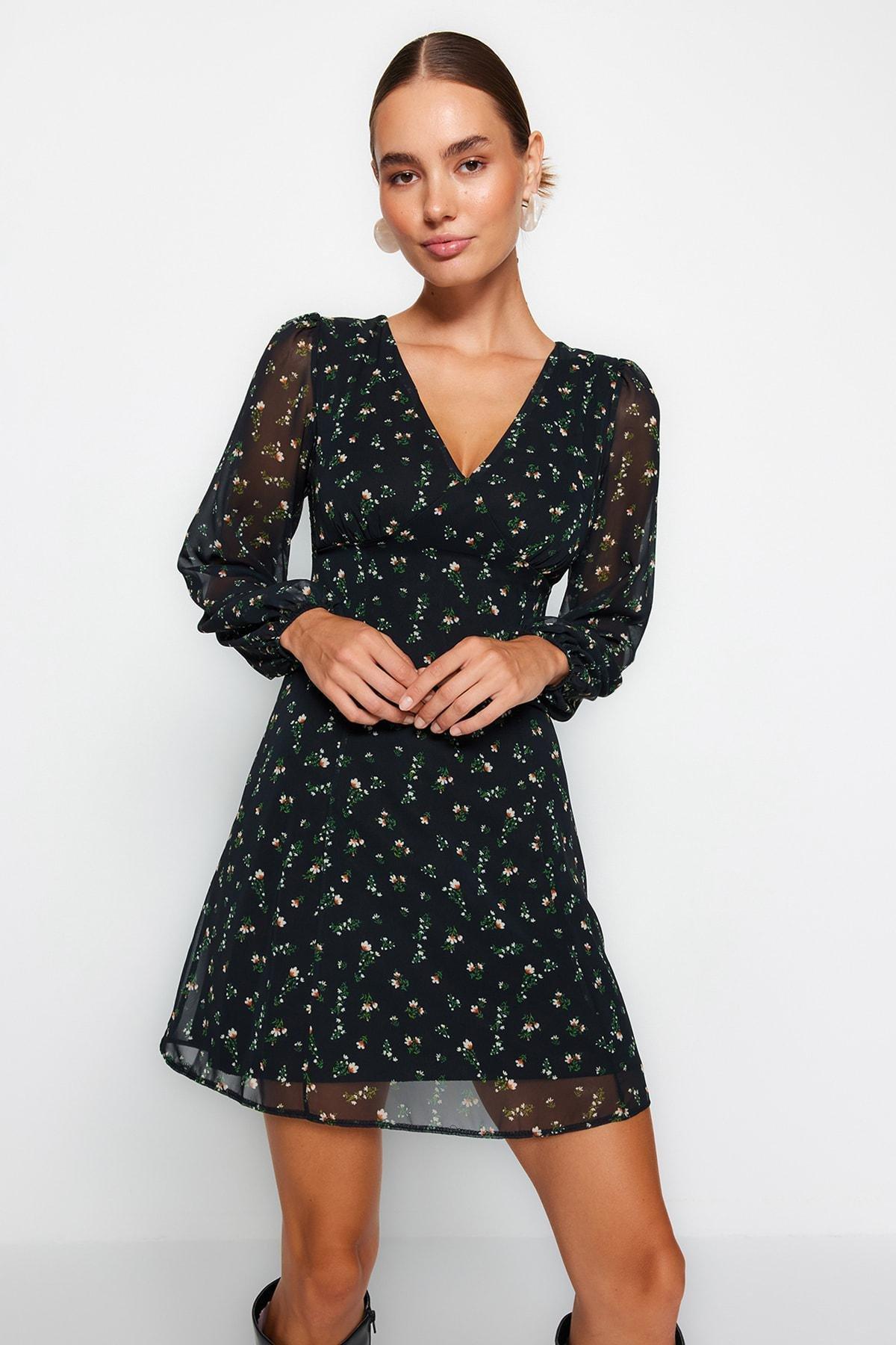 Black Floral Pattern Chiffon Mini Dress, , large image number 1