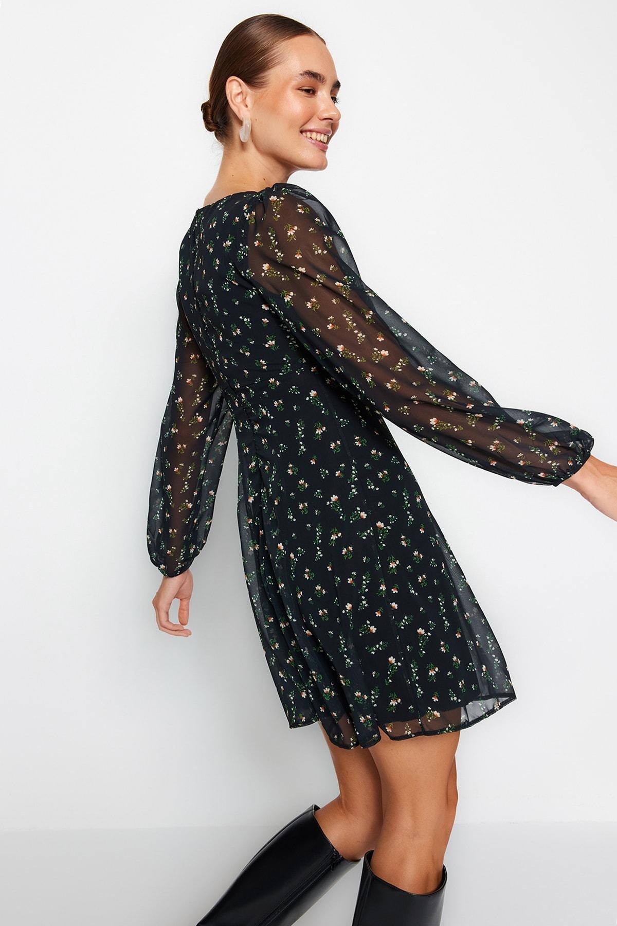 Black Floral Pattern Chiffon Mini Dress, , large image number 2