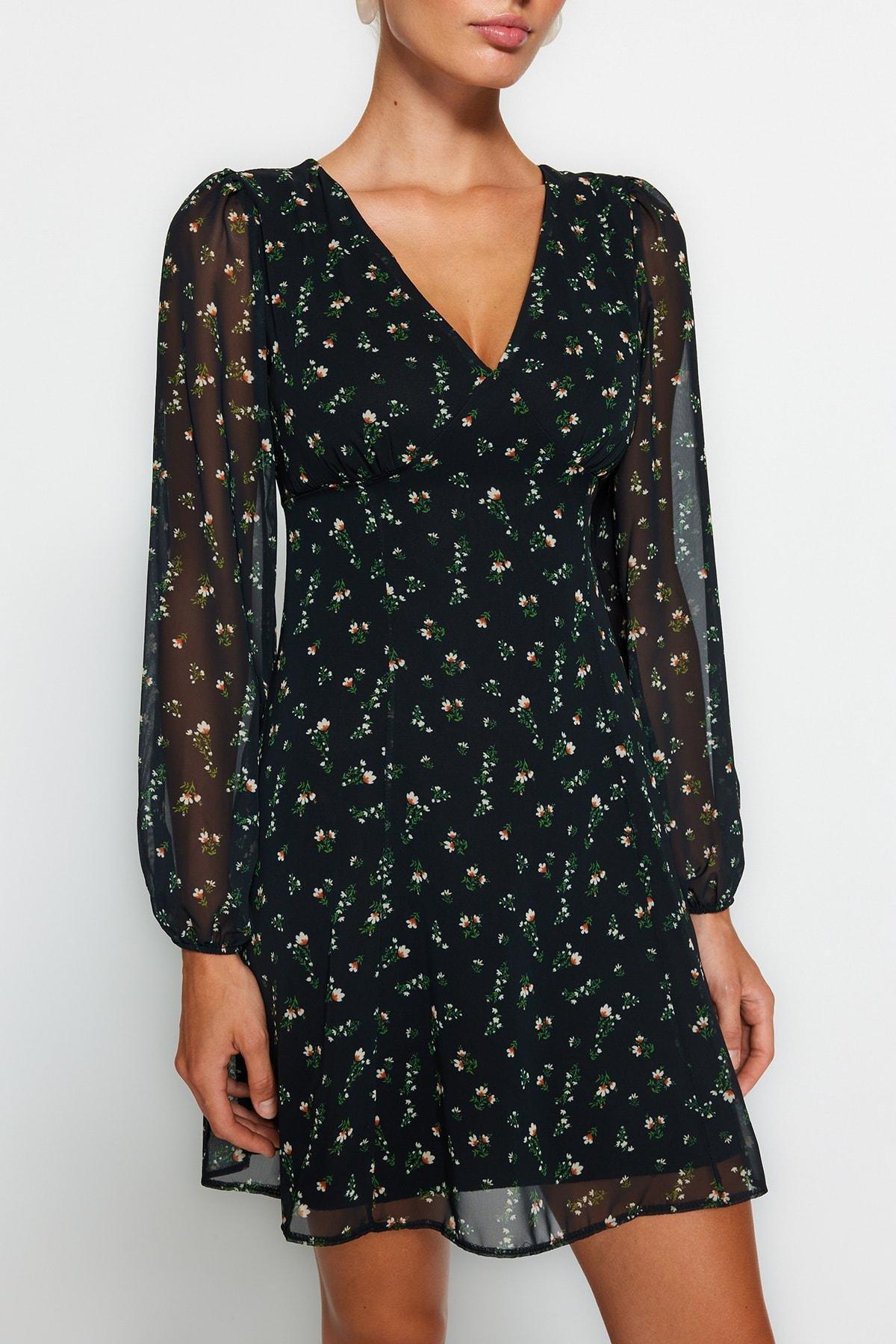 Black Floral Pattern Chiffon Mini Dress, , large image number 3