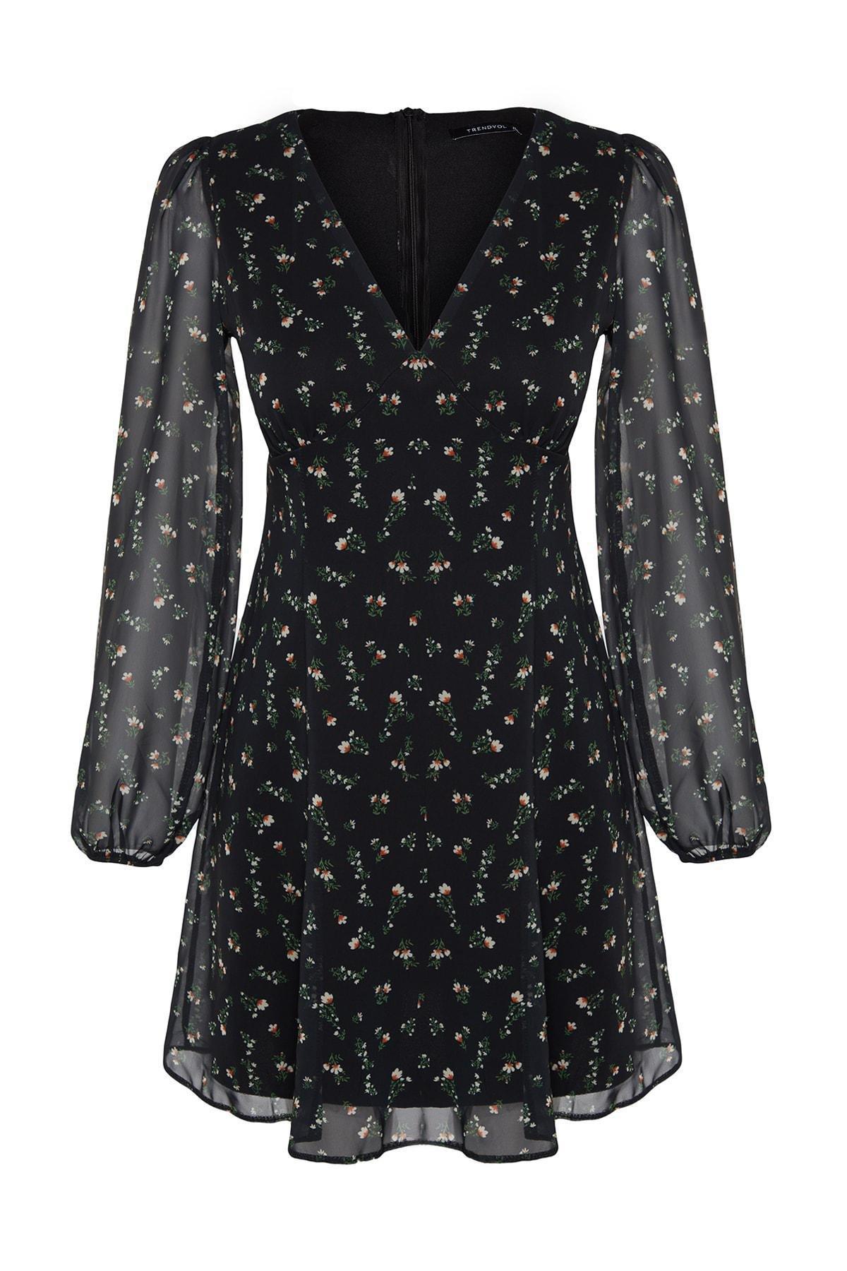 Black Floral Pattern Chiffon Mini Dress, , large image number 5