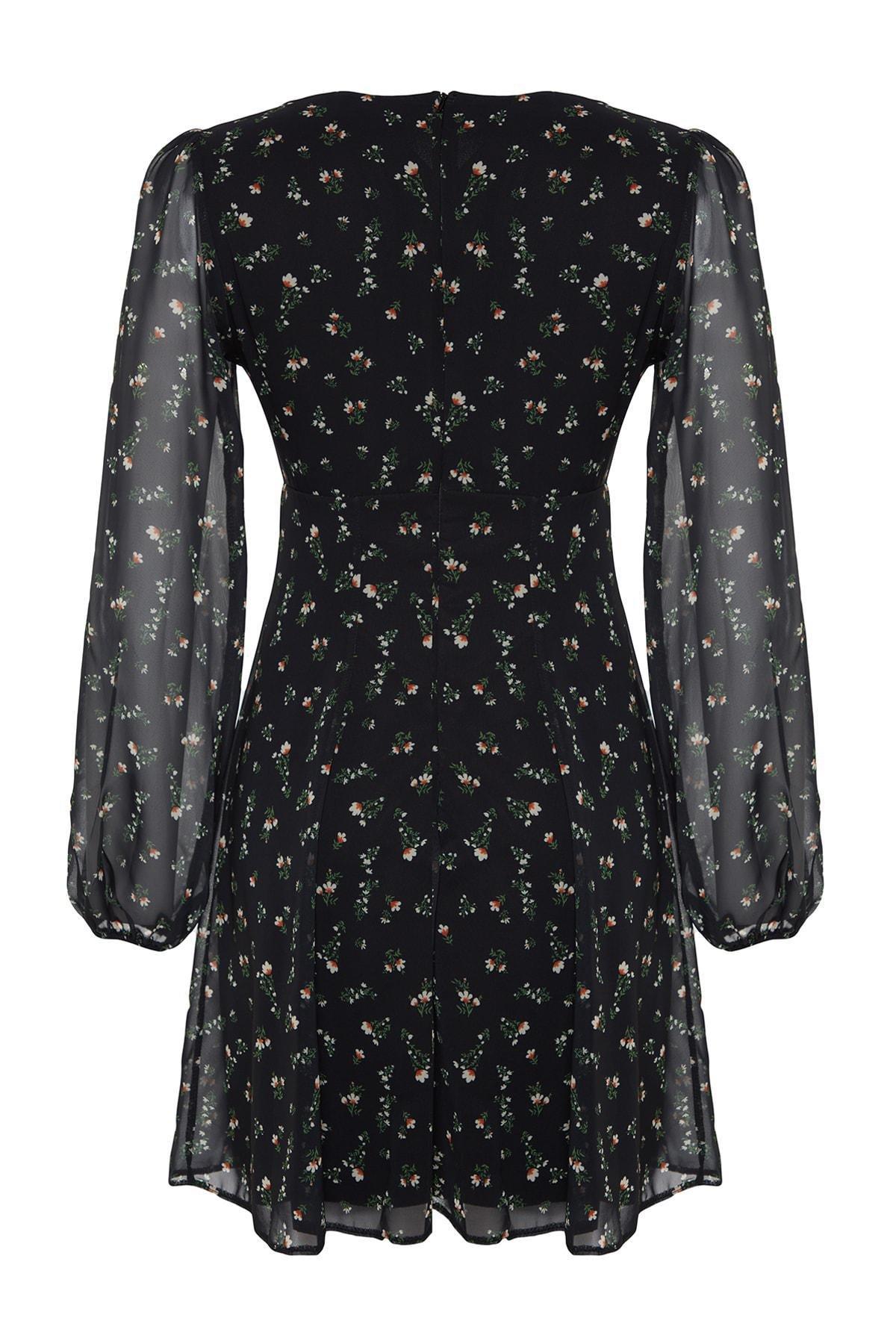 Black Floral Pattern Chiffon Mini Dress, , large image number 7