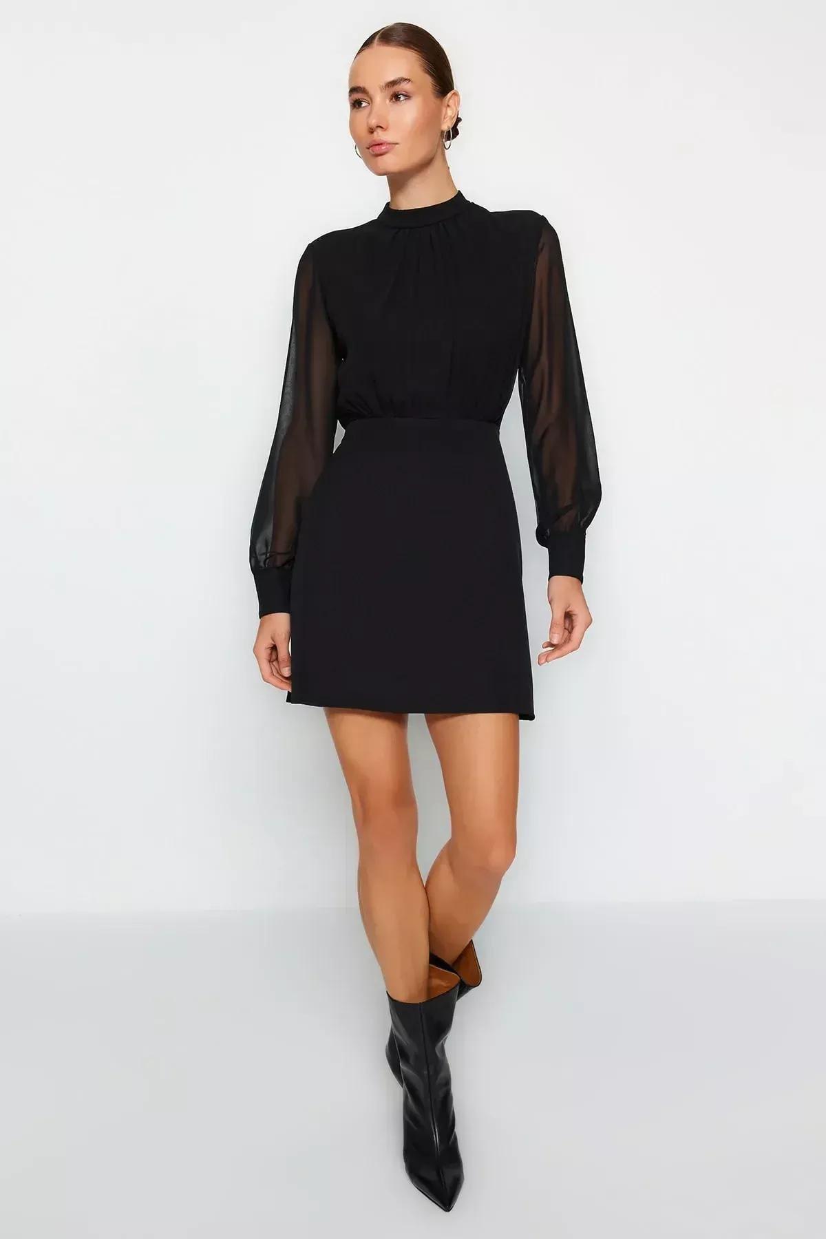 Black A-Line Mini Woven Dress, BLACK, large image number 0