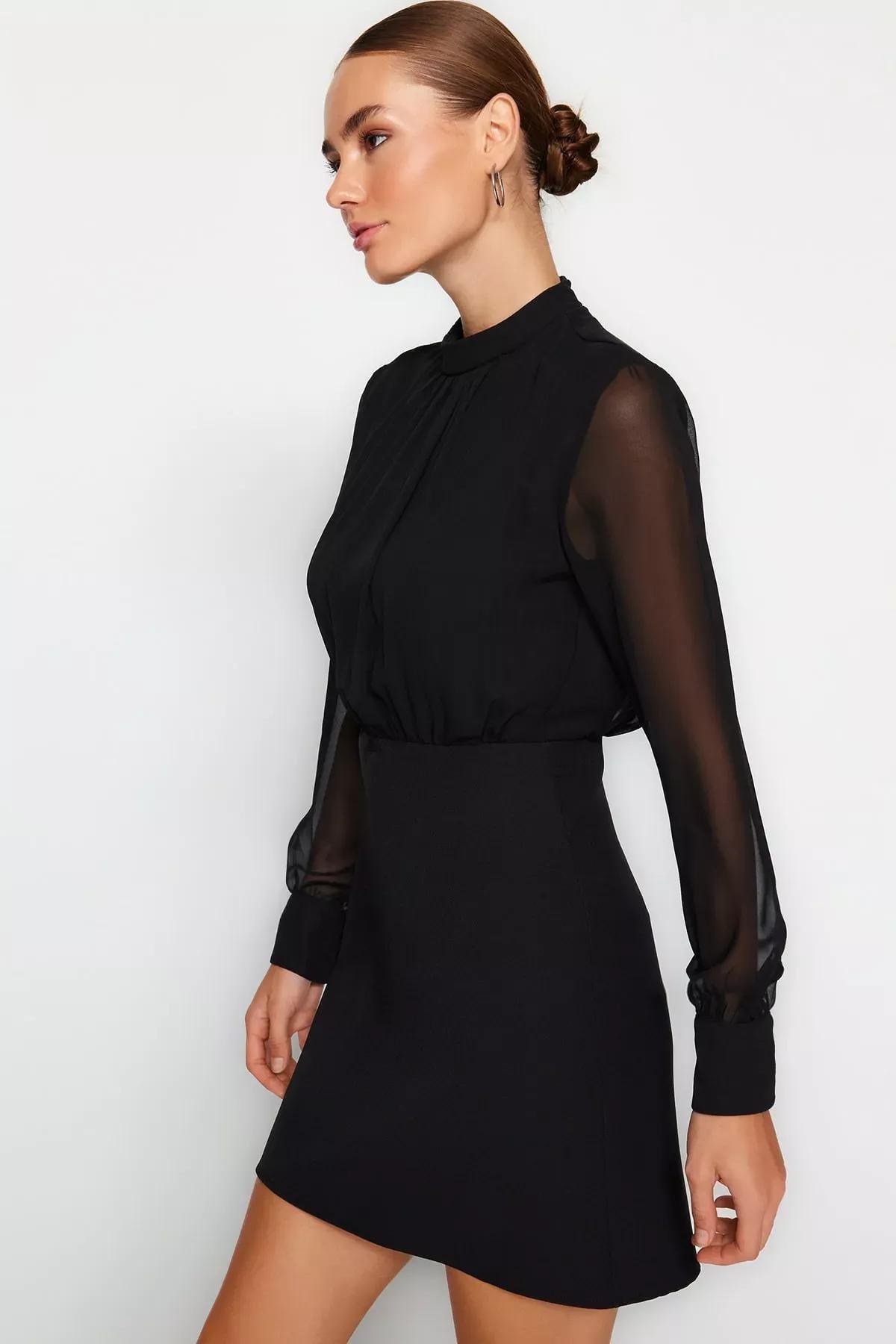 Black A-Line Mini Woven Dress, BLACK, large image number 1